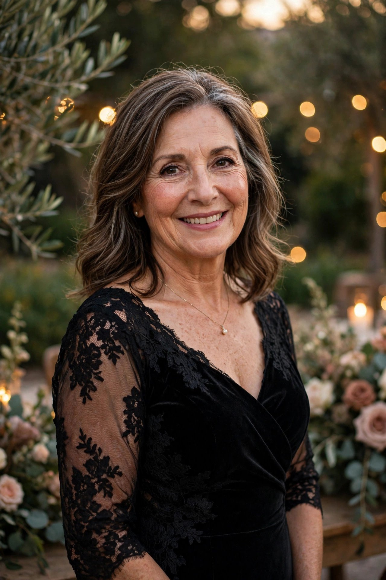 Mother of the bride in an elegant black gown at an evening wedding