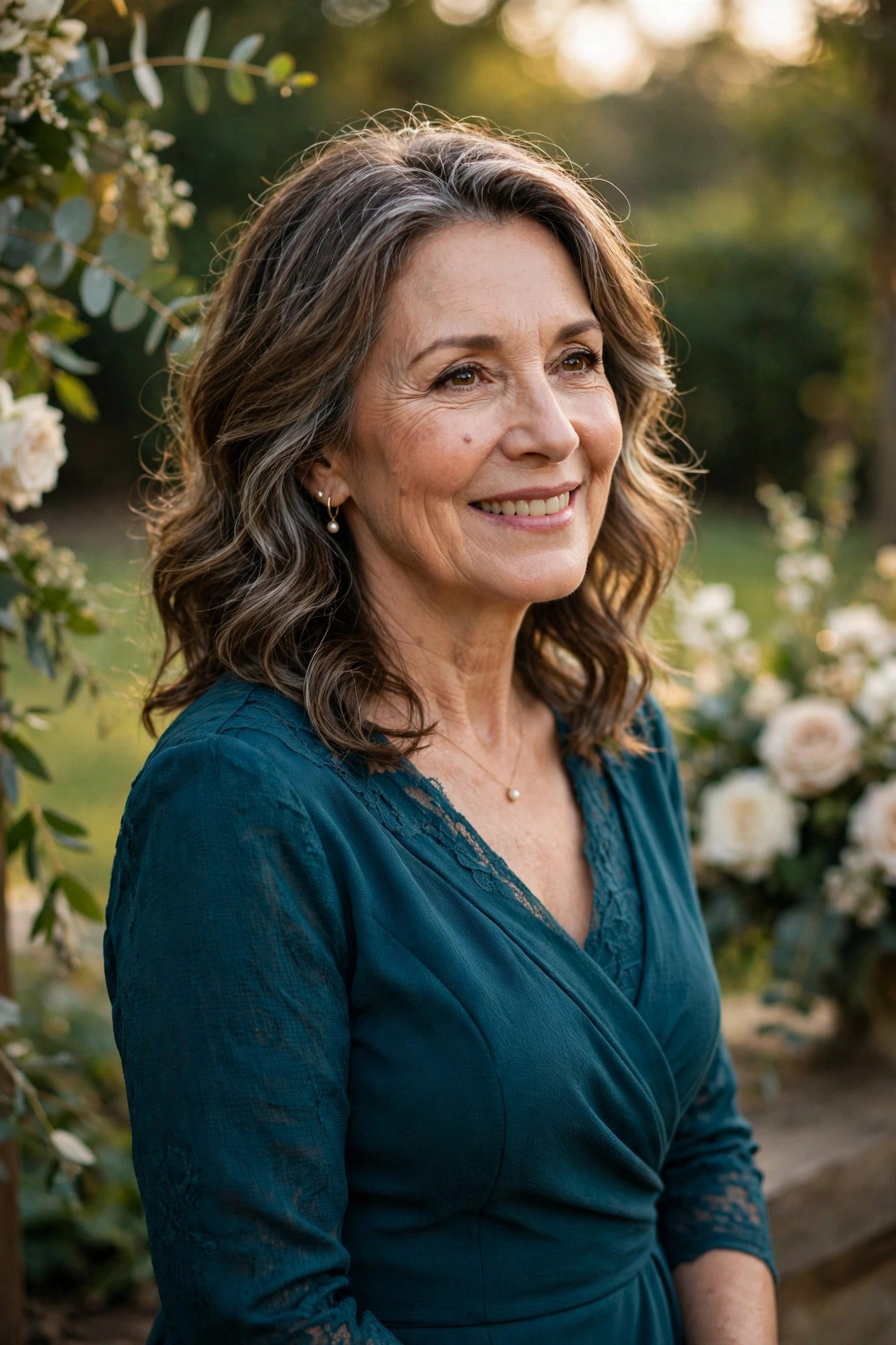 Mother of the bride wearing a teal dress suitable for many seasons