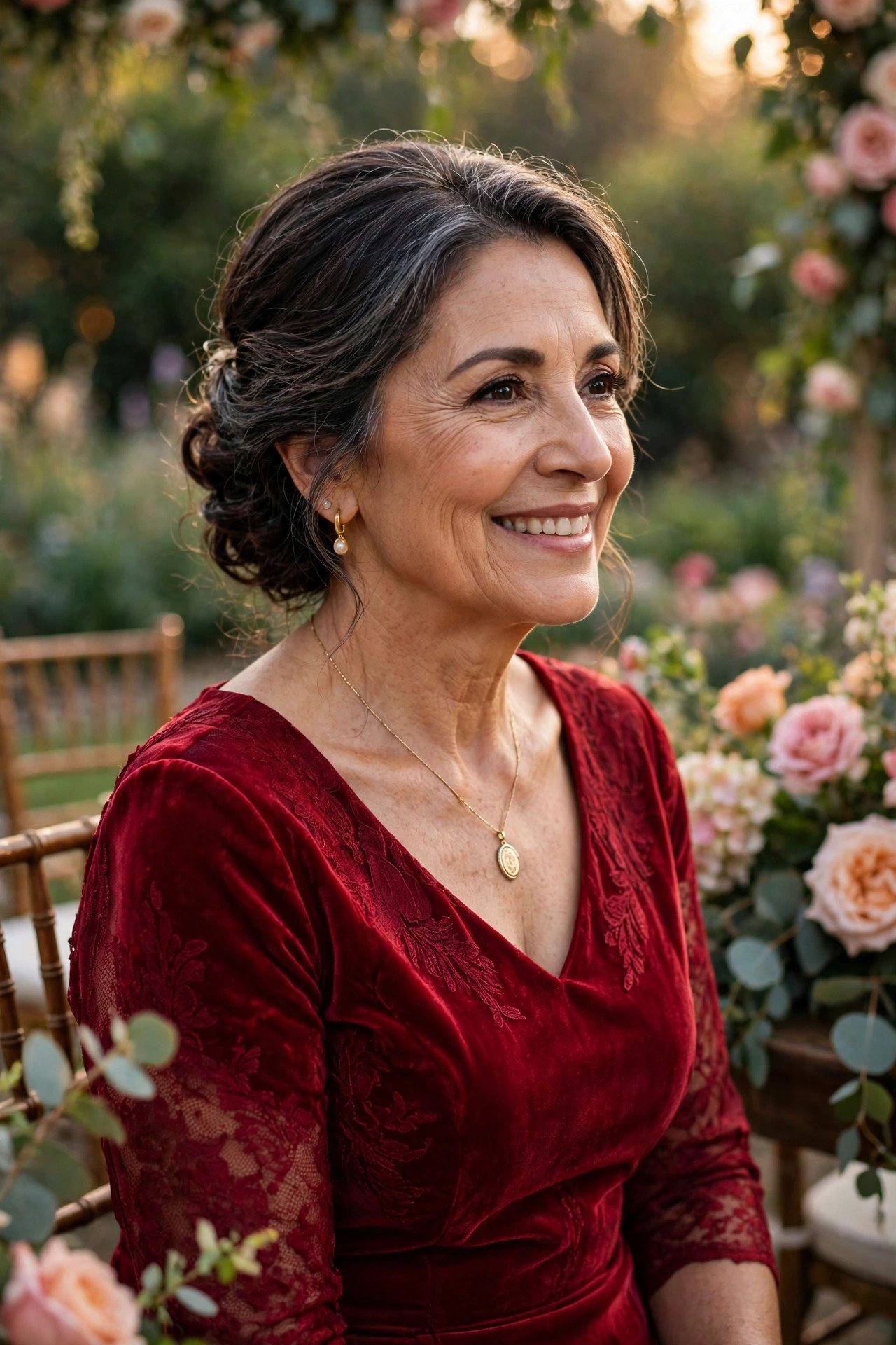 Mother of the bride wearing a ruby red dress at a festive wedding
