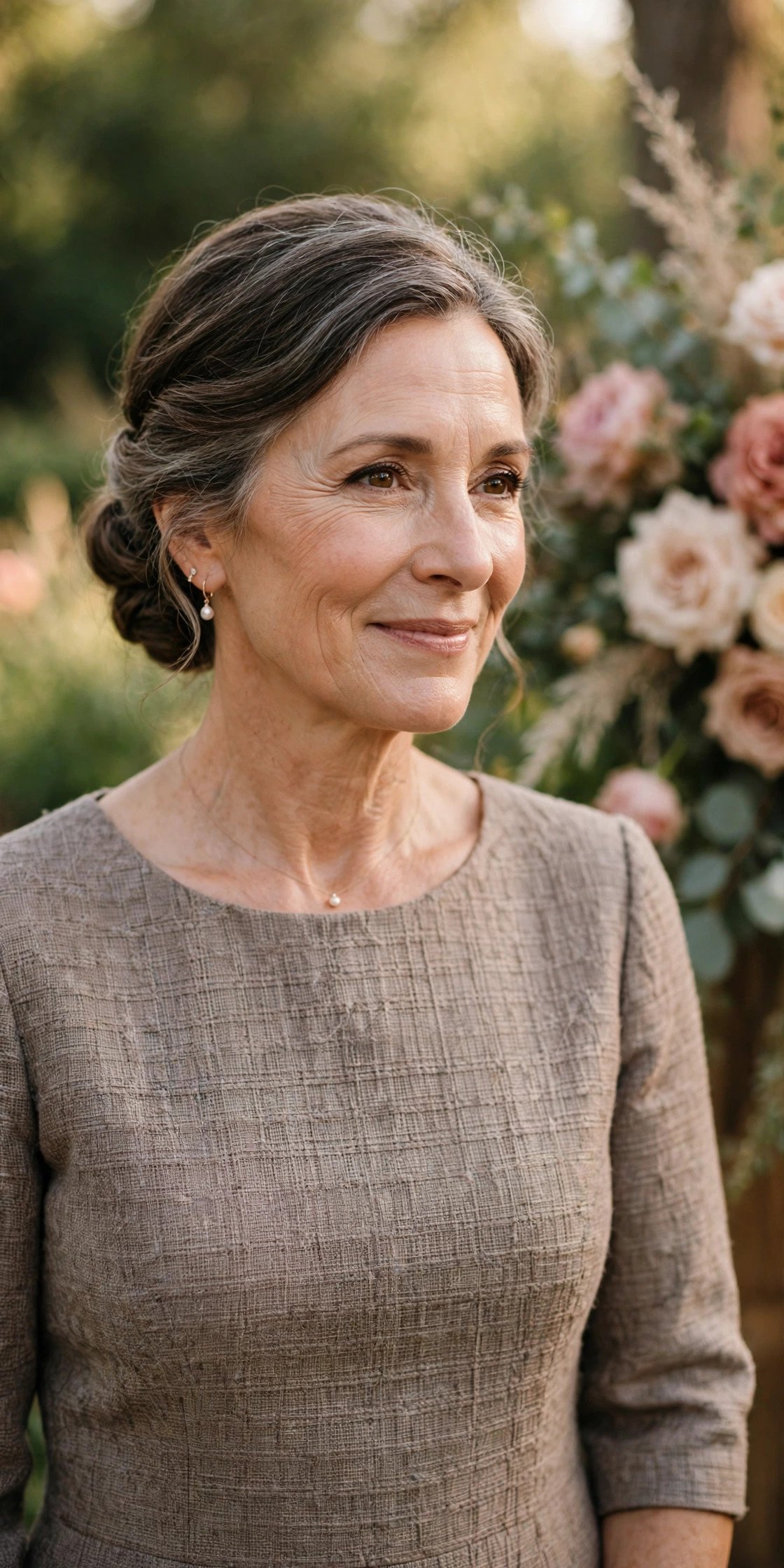 Mother of the bride wearing a taupe dress with textured fabric