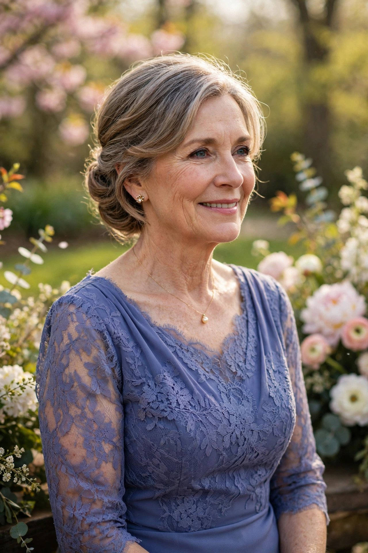 Mother of the bride in a periwinkle dress at a spring wedding