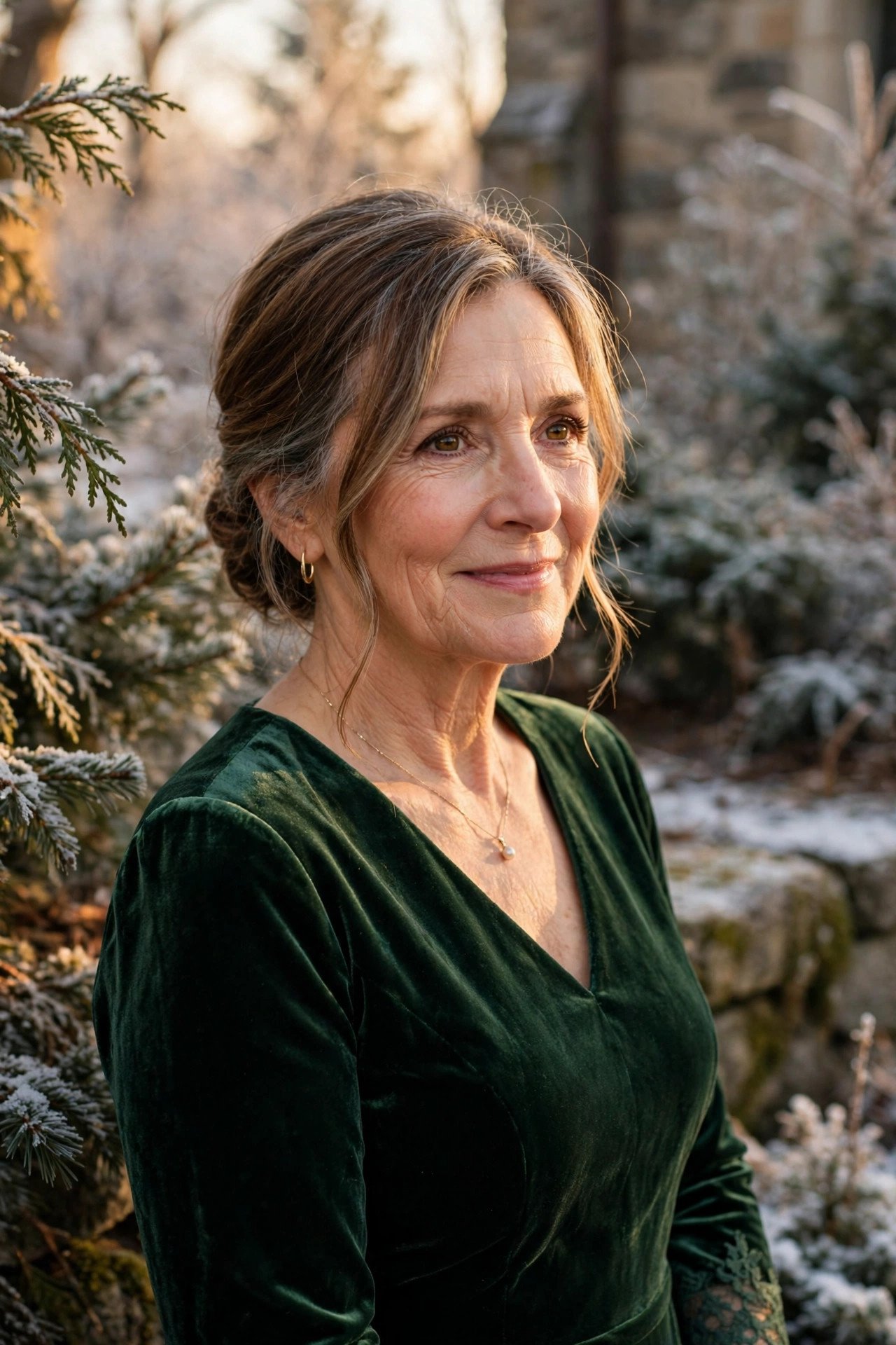 Mother of the bride wearing a forest green dress at a winter wedding