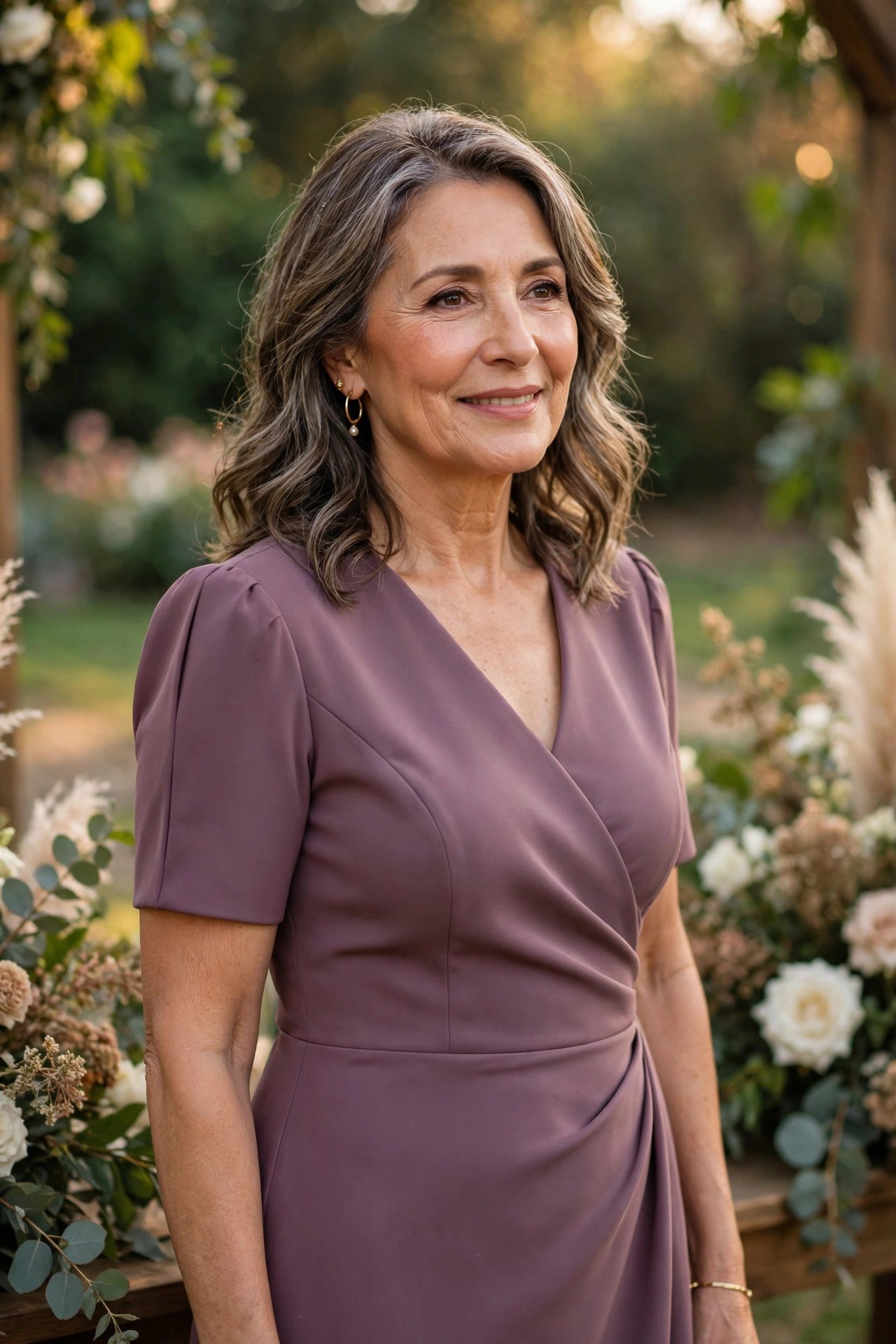 Mother of the bride in a mauve dress with a modern silhouette