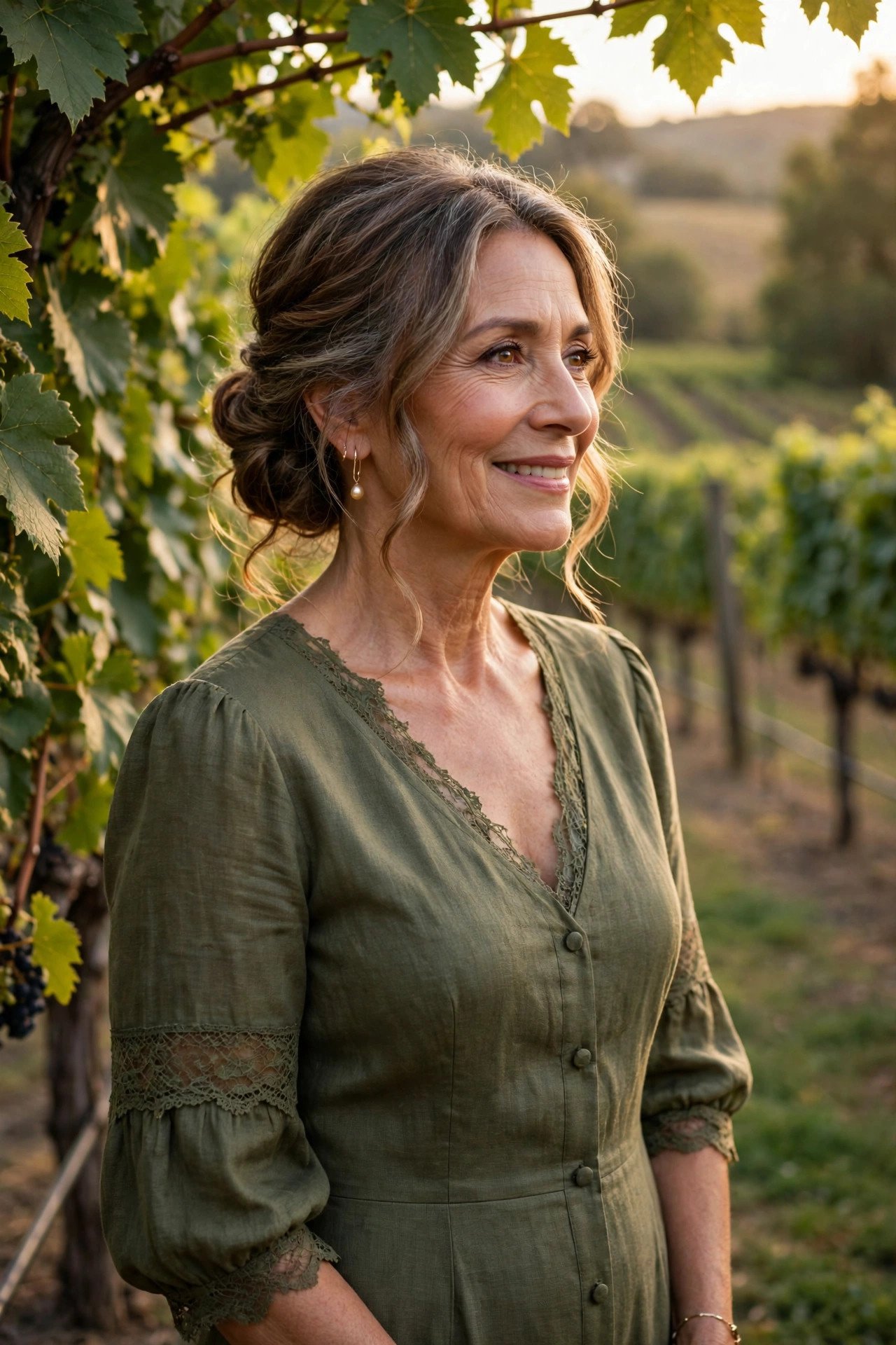 Mother of the bride wearing an olive dress at a vineyard wedding