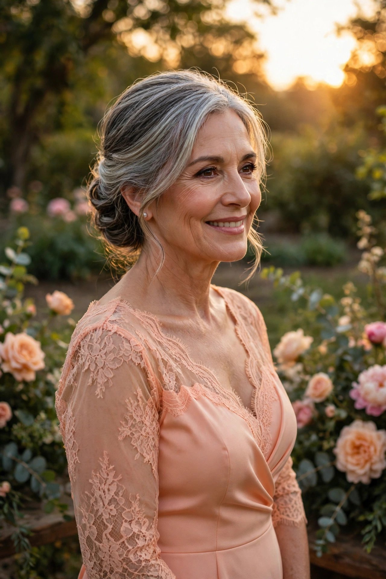 Mother of the bride in a peach dress at a golden-hour wedding
