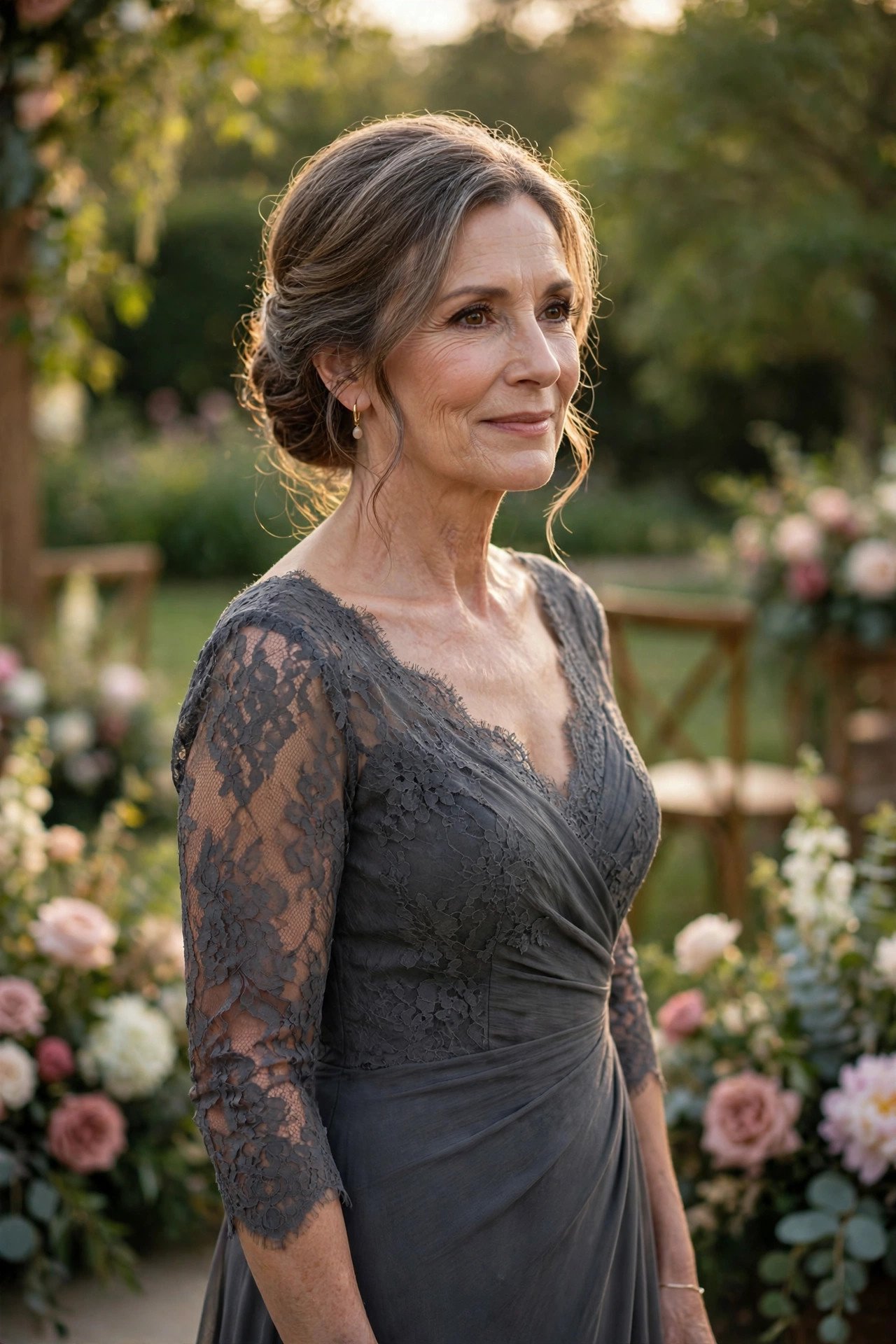 Mother of the bride wearing a charcoal grey gown at a formal wedding