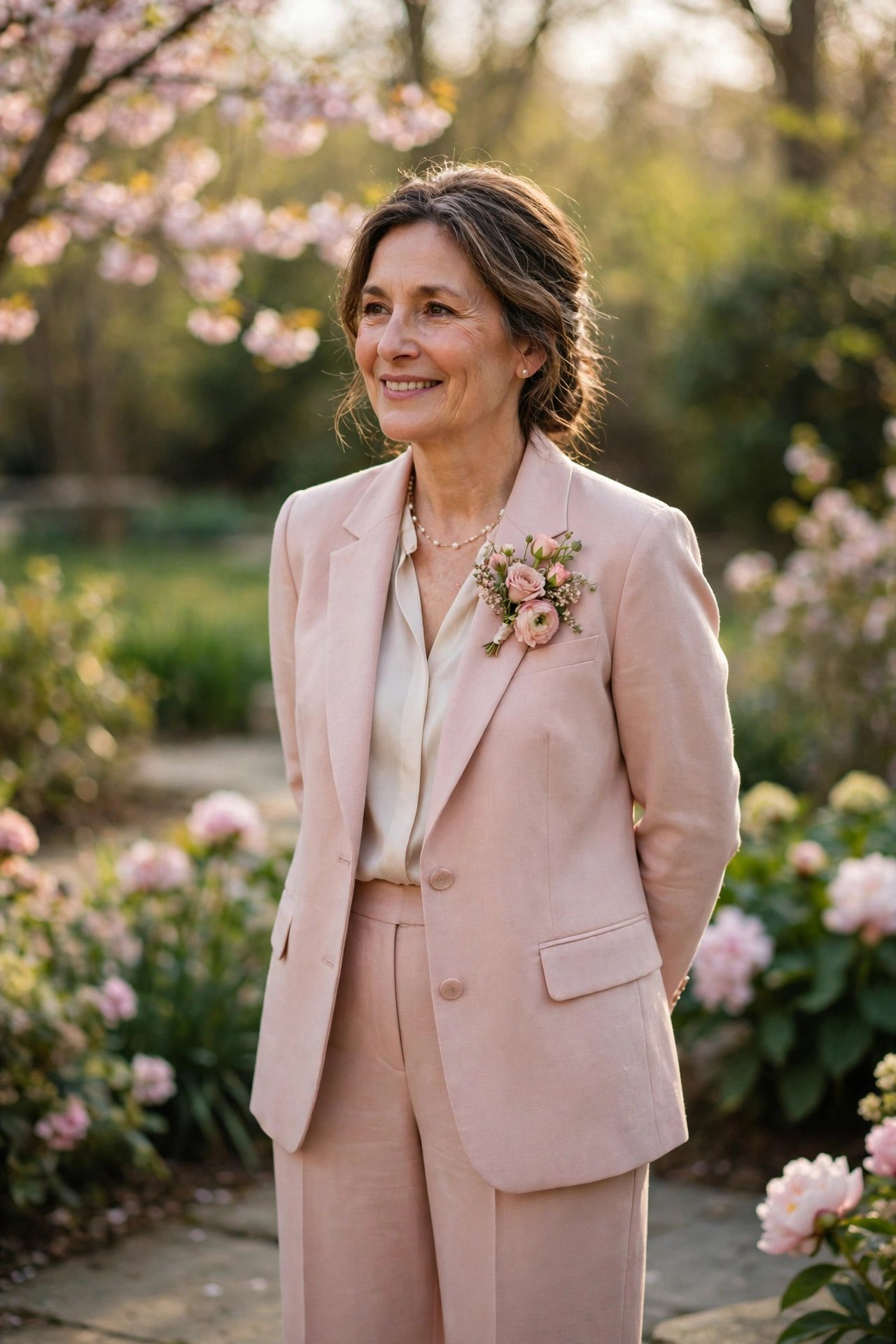 Mother of the bride in a blush pink soft-tailored pantsuit at a spring wedding
