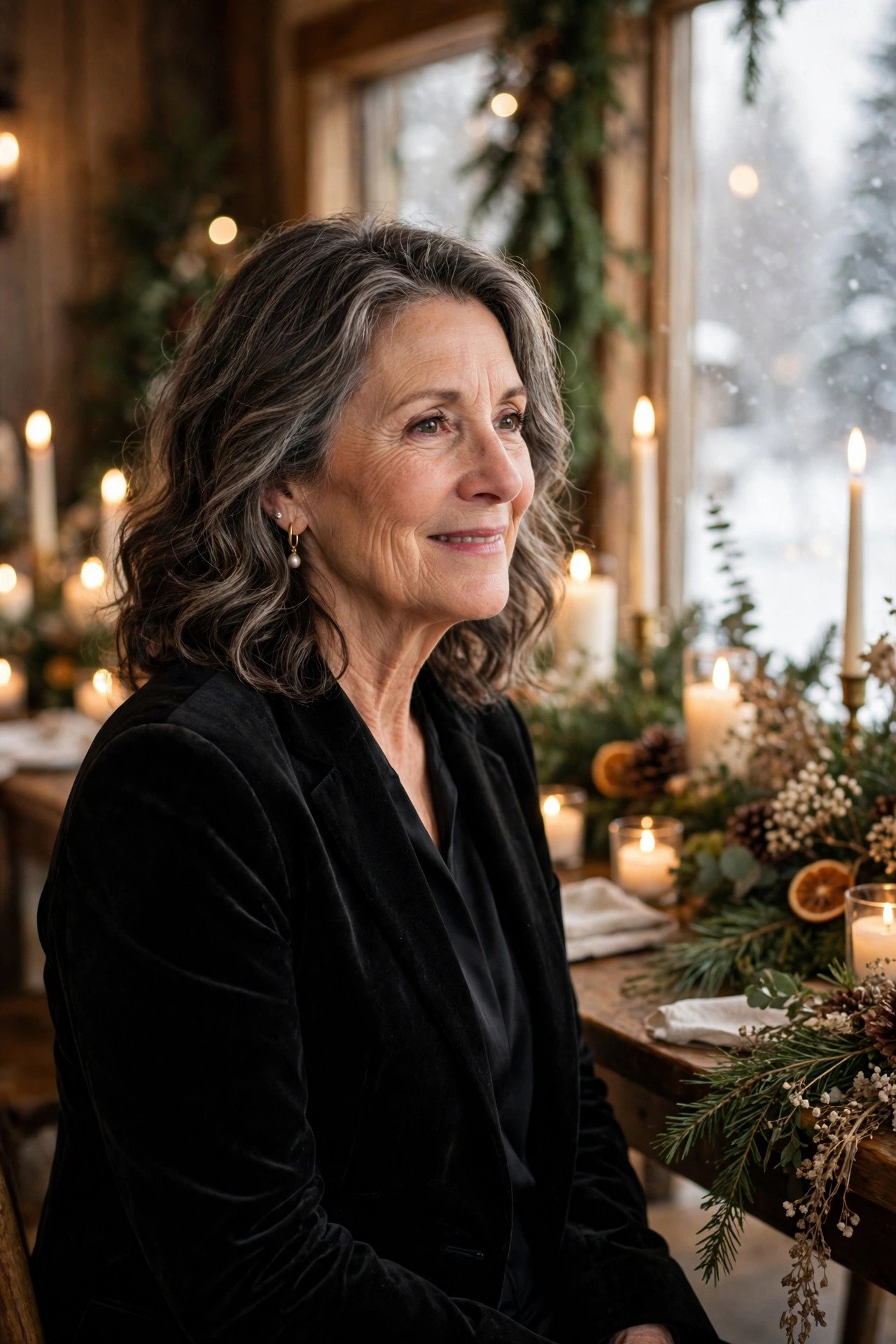 Mother of the bride in a black velvet pantsuit at a candlelit winter reception