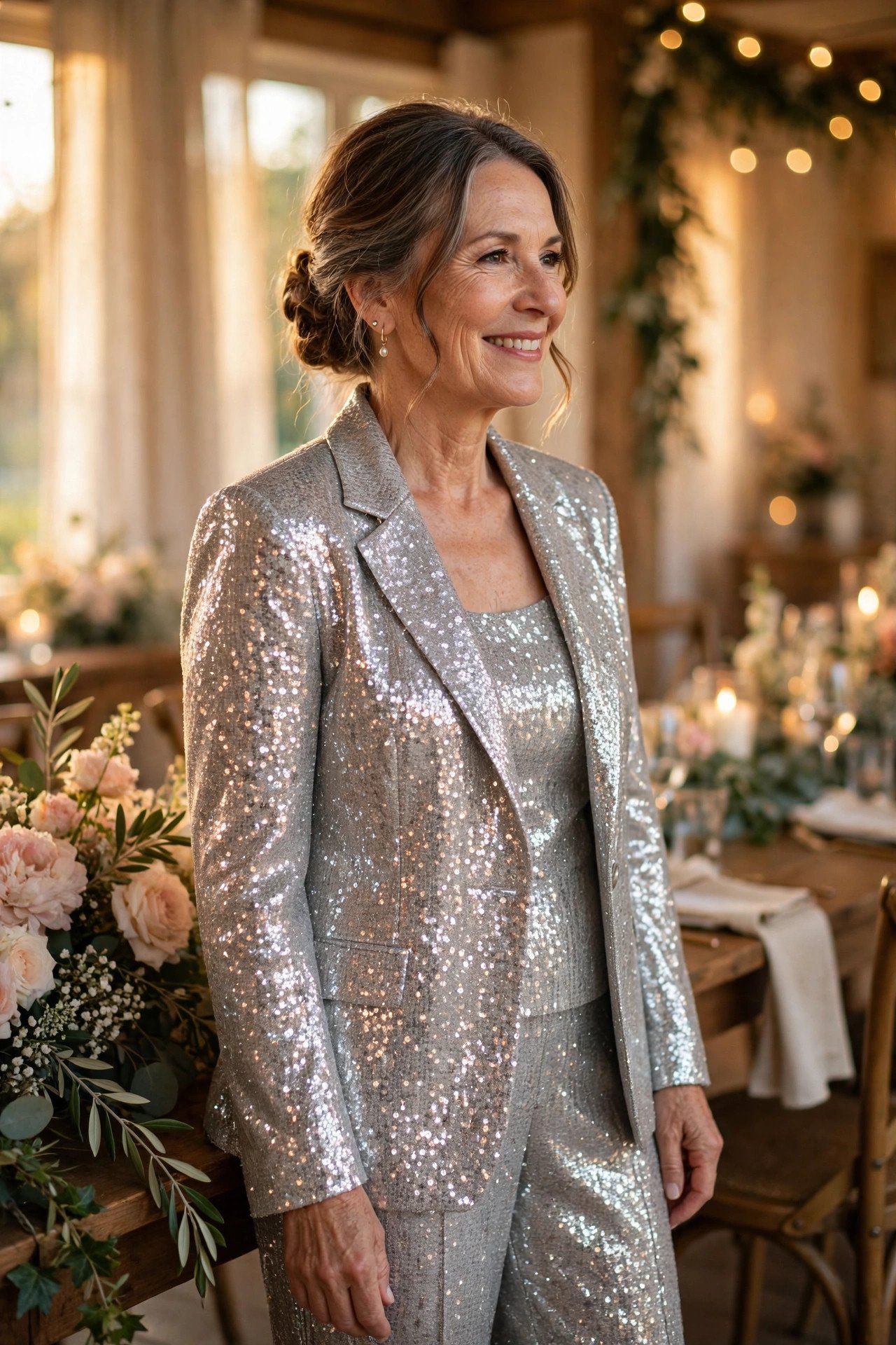 Mother of the bride in a silver sequin pantsuit sparkling under reception lights