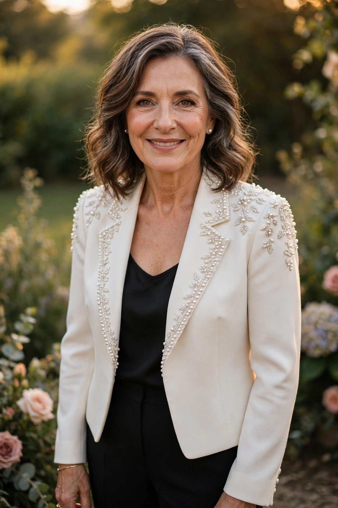 Mother of the bride in a pantsuit with a pearl-embellished jacket