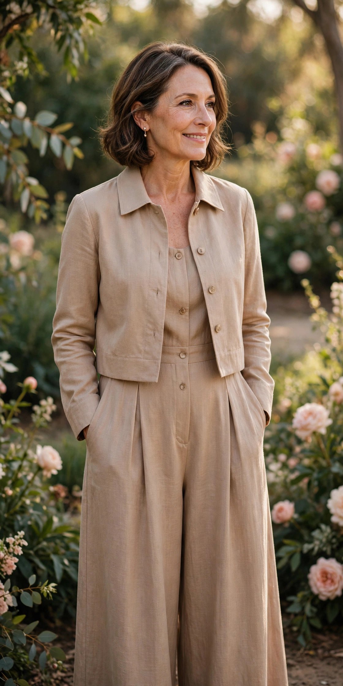 Mother of the bride in a wide-leg jumpsuit with a matching cropped jacket