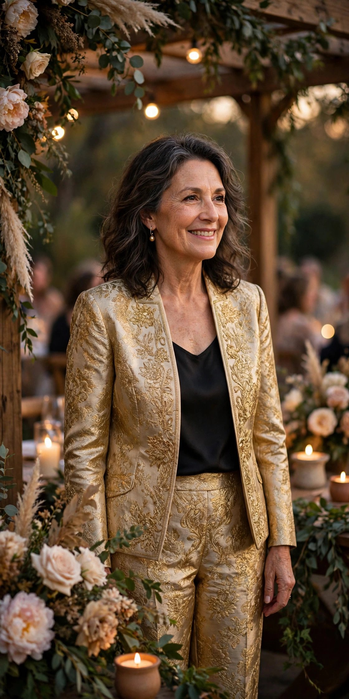 Mother of the bride in a gold brocade pantsuit at a festive evening reception