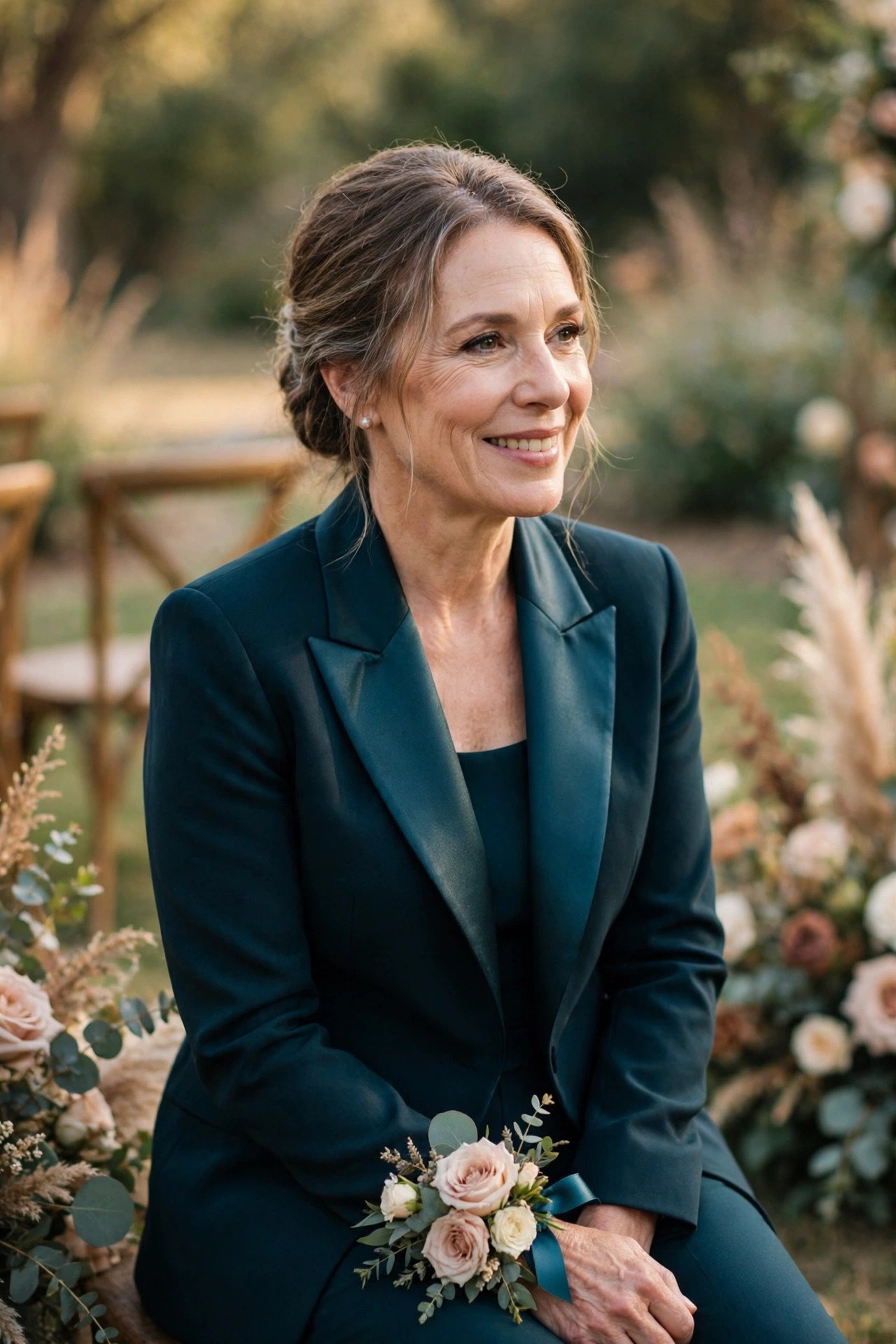 Mother of the bride in a midnight teal pantsuit with satin lapels