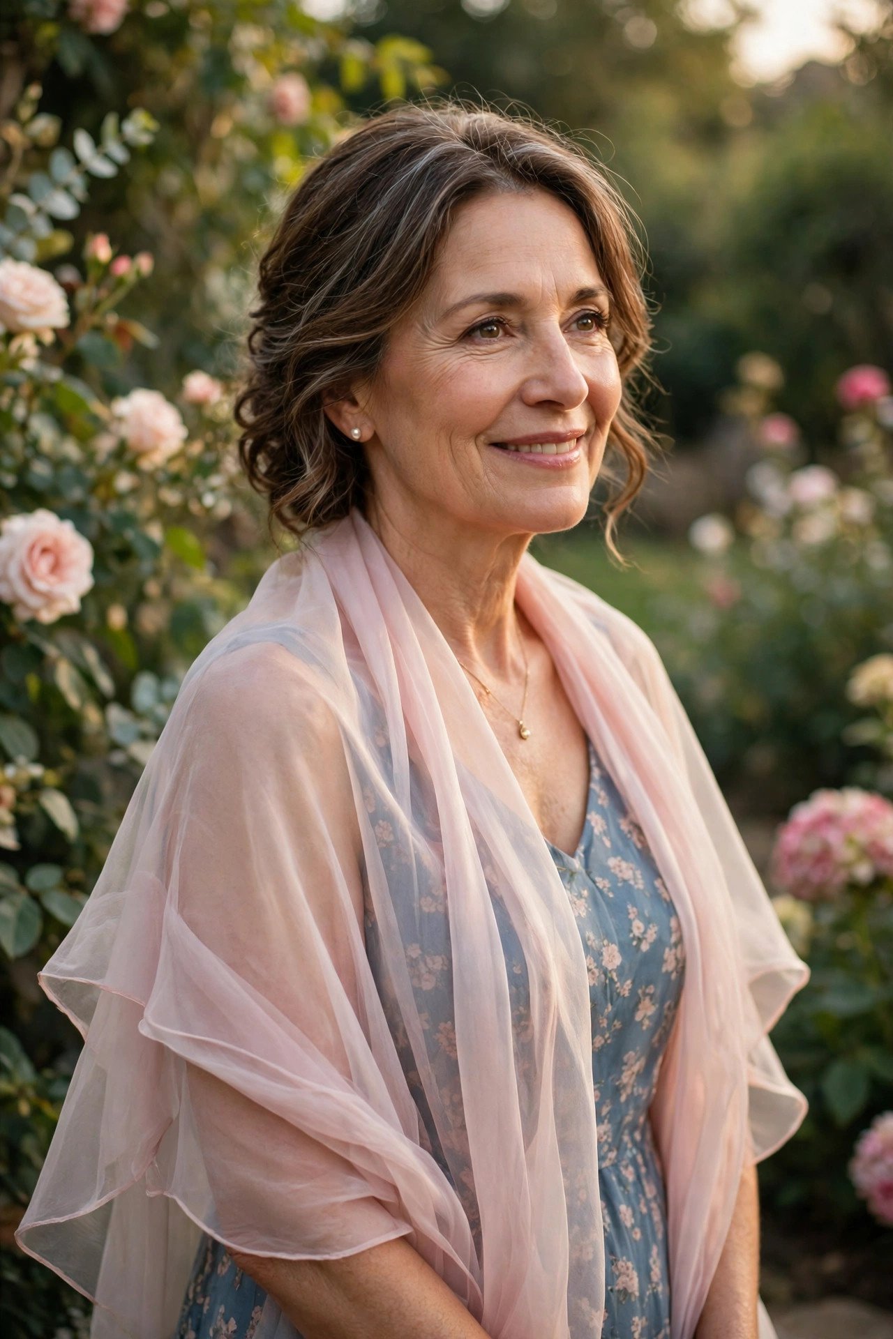 Mother of the bride wearing a sheer chiffon shrug over a summer dress