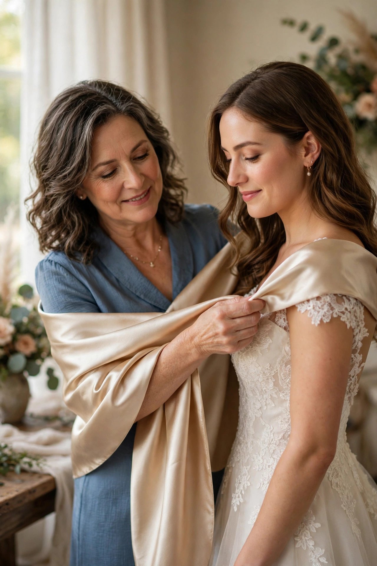 Mother of the bride draping a satin shawl wrap over an evening gown