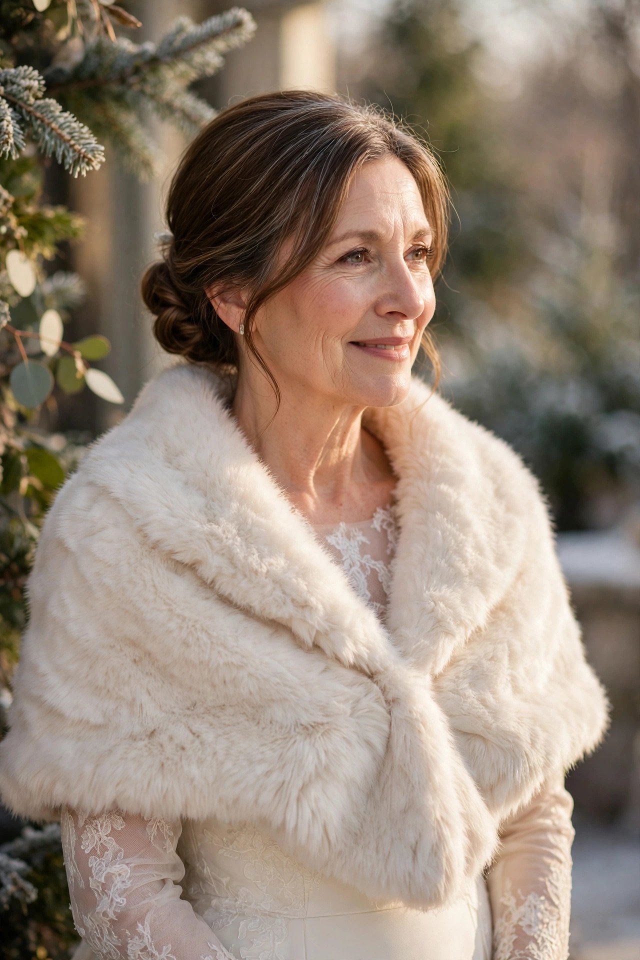 Mother of the bride in a faux-fur stole over a winter wedding gown
