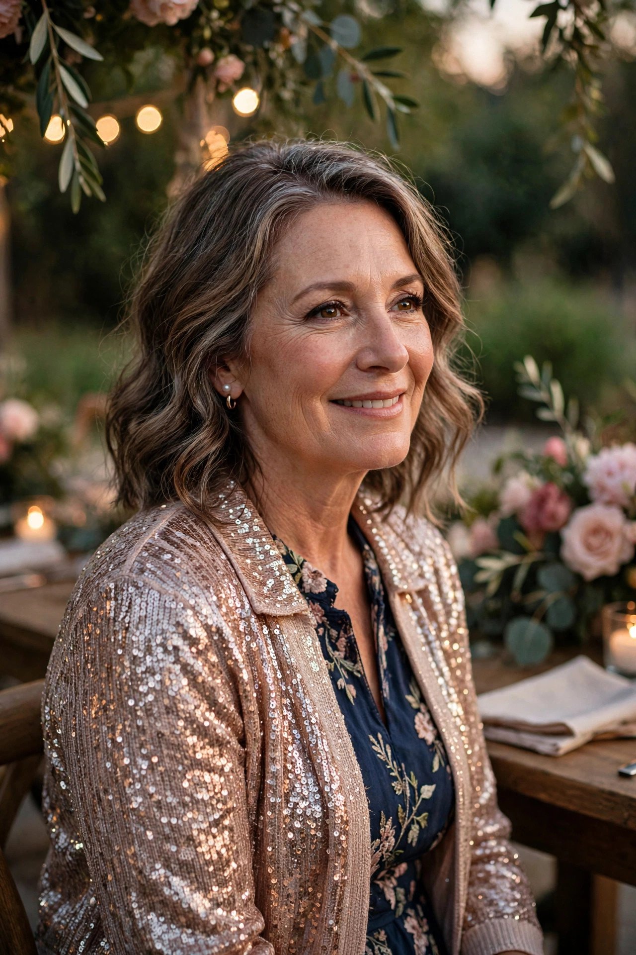 Mother of the bride wearing a sequin cardigan jacket at an evening reception