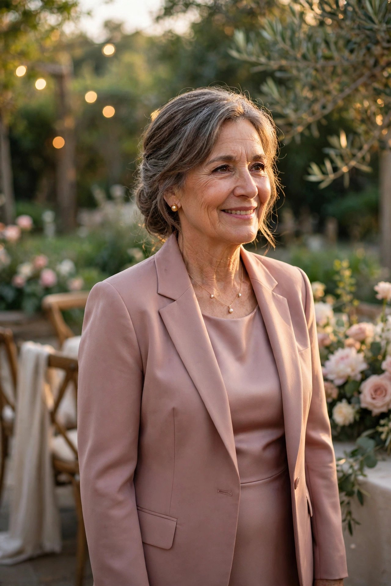 Mother of the bride wearing a tailored blazer matched to her dress
