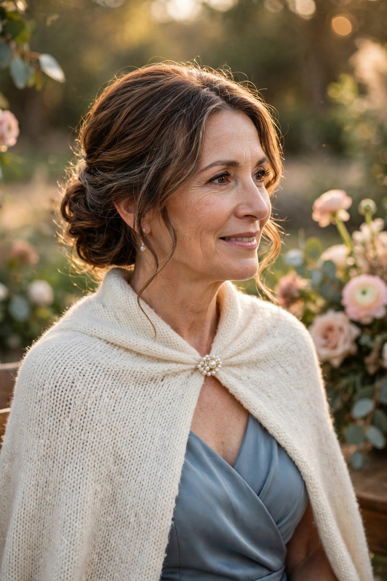 Mother of the bride wearing a capelet fastened with a pearl closure