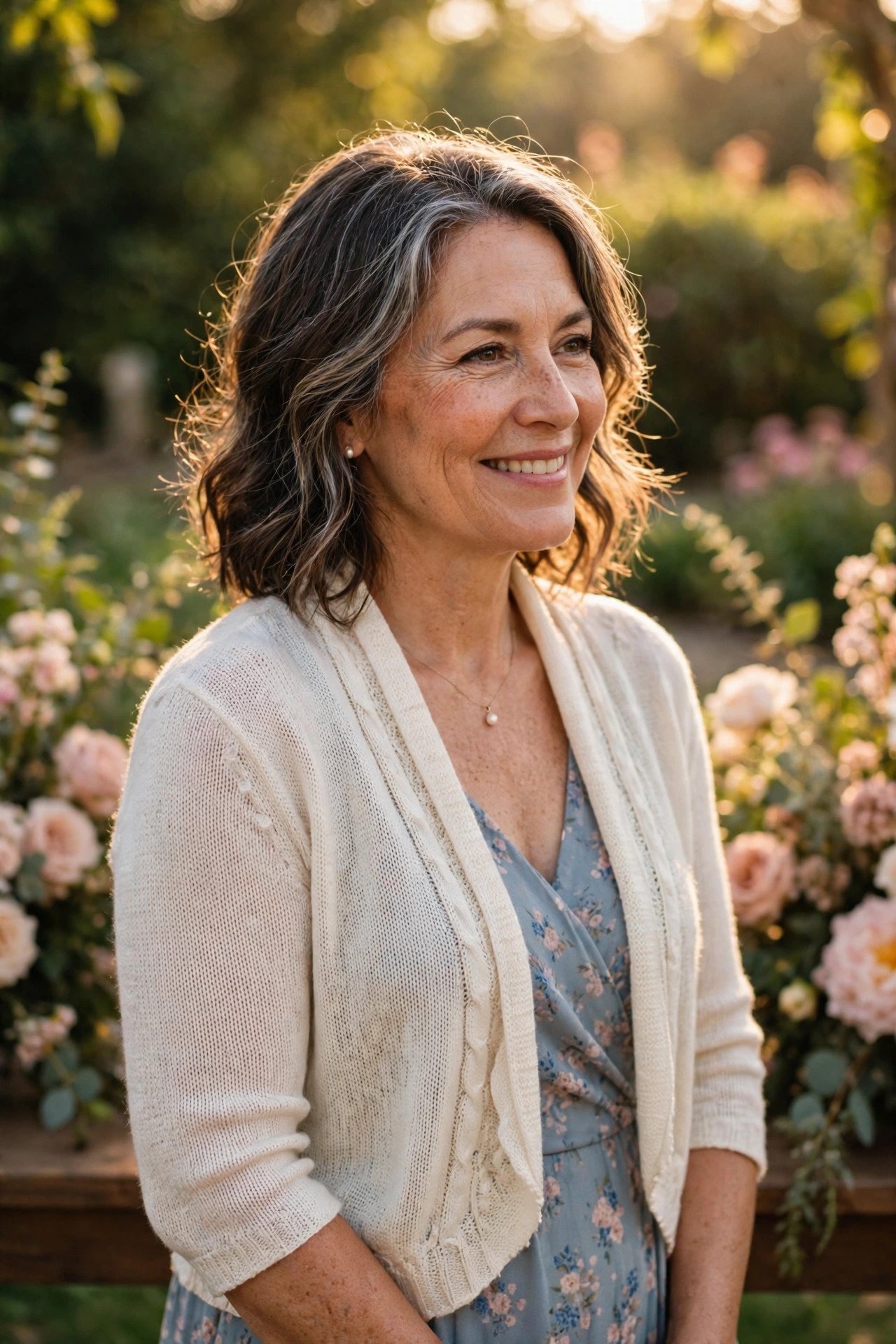 Mother of the bride wearing a fine-knit shrug with three-quarter sleeves