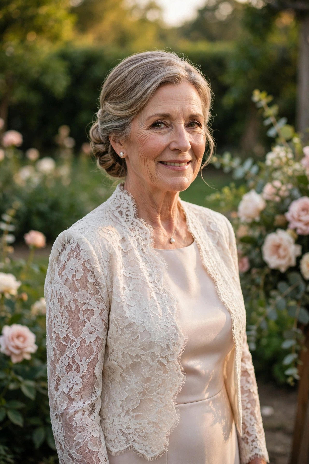 Mother of the bride wearing an elegant lace jacket over her wedding outfit