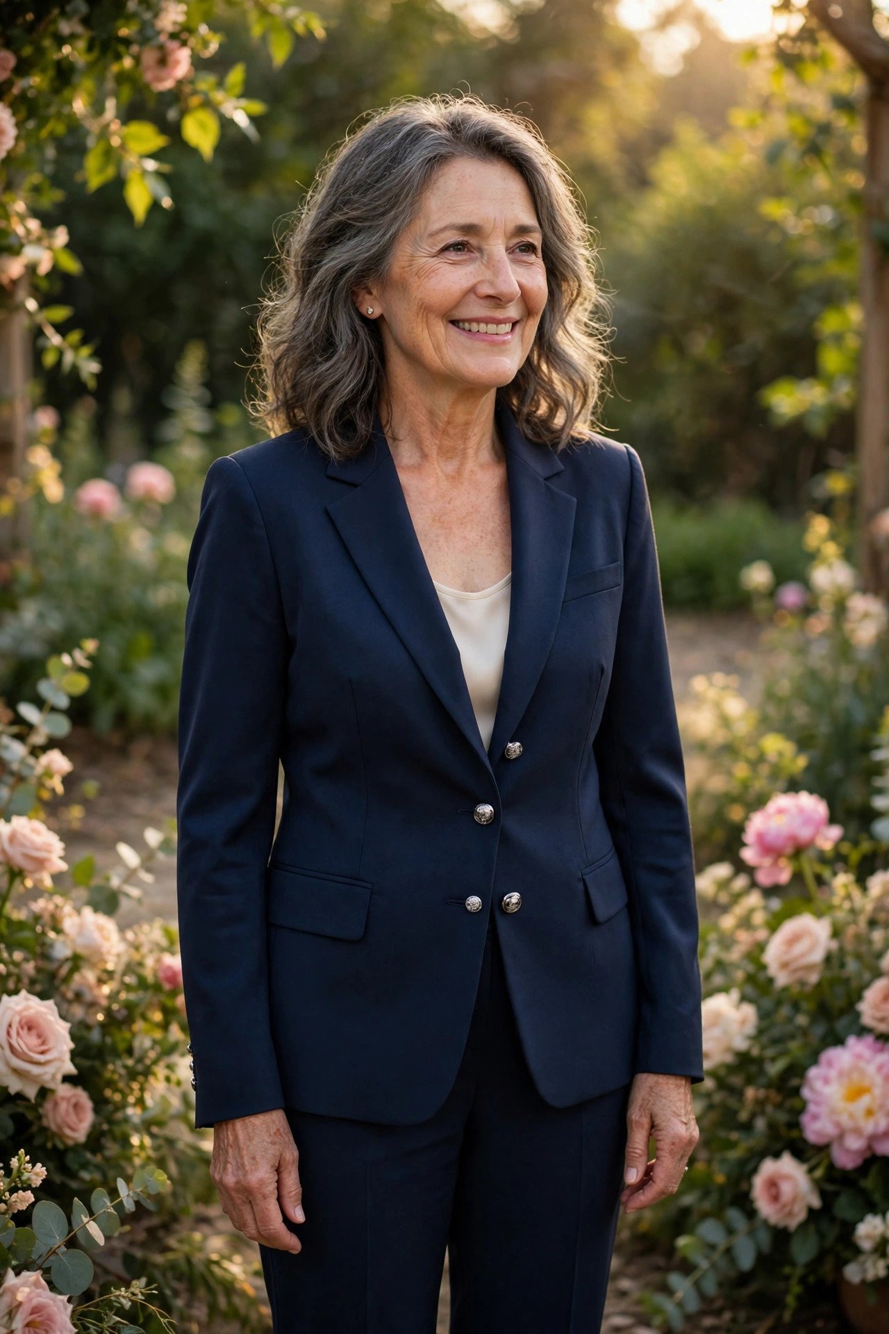 Mother of the groom in a navy pantsuit with silver button accents