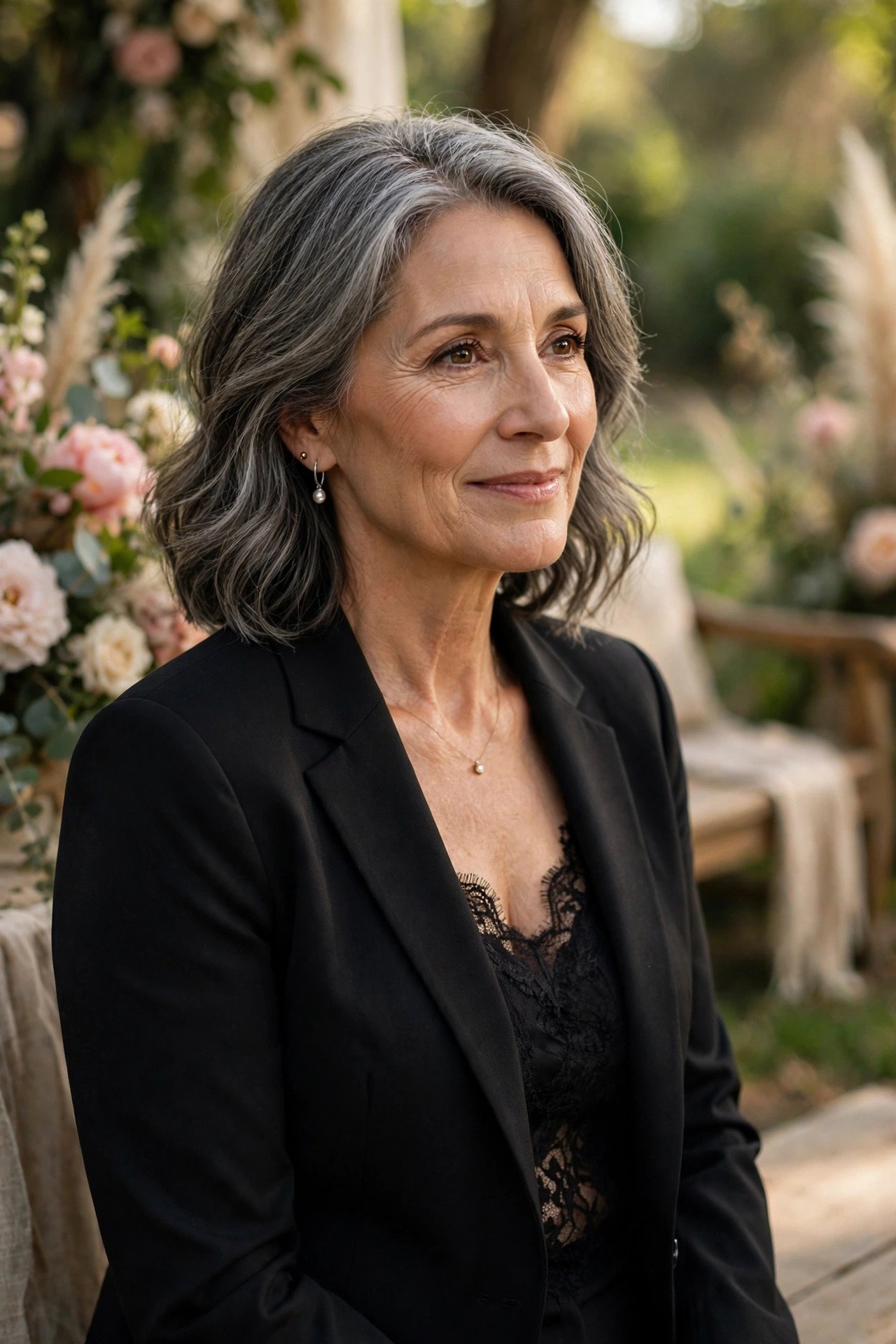 Mother of the groom in a black pantsuit layered over a lace camisole