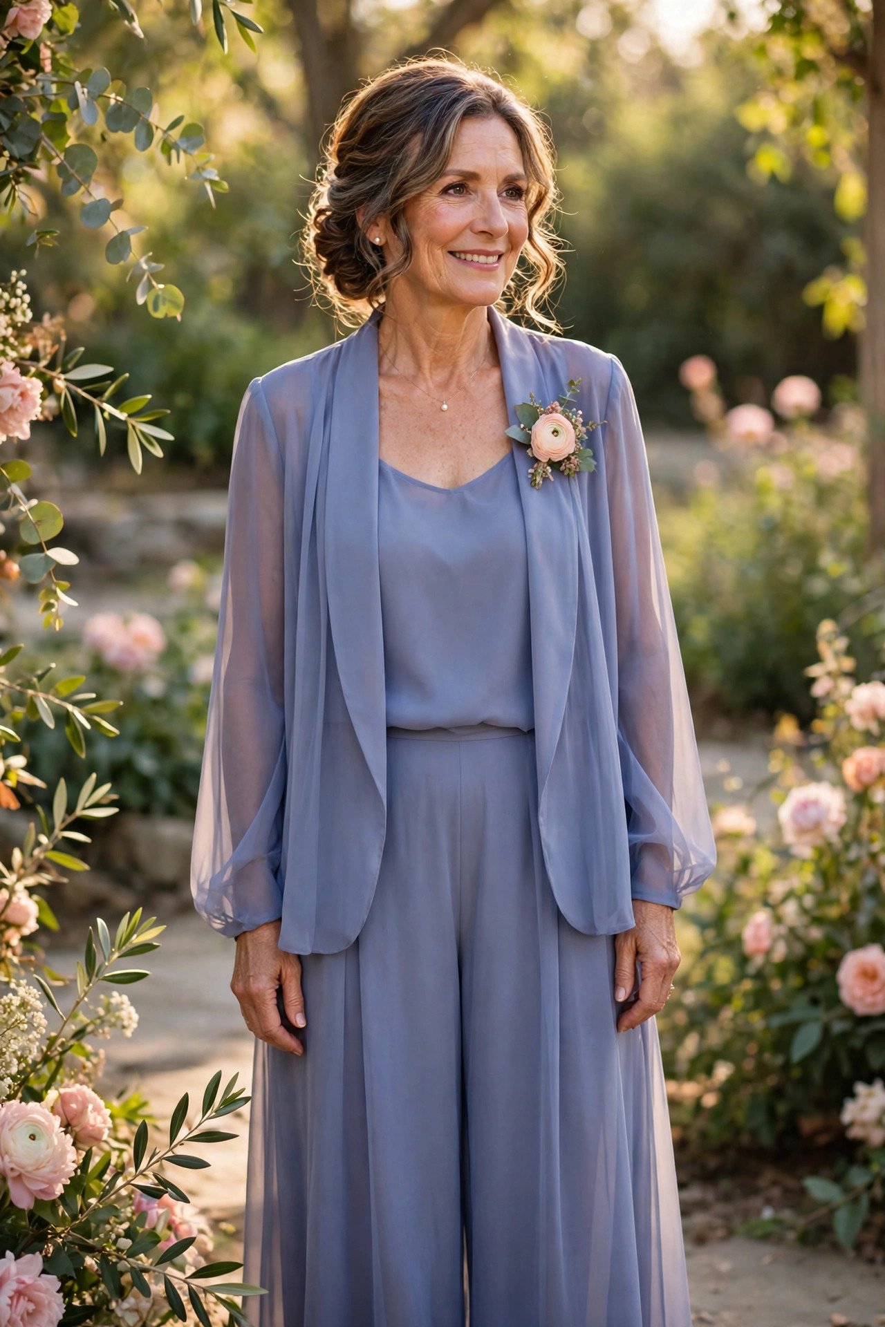 Mother of the groom in a periwinkle chiffon palazzo pantsuit