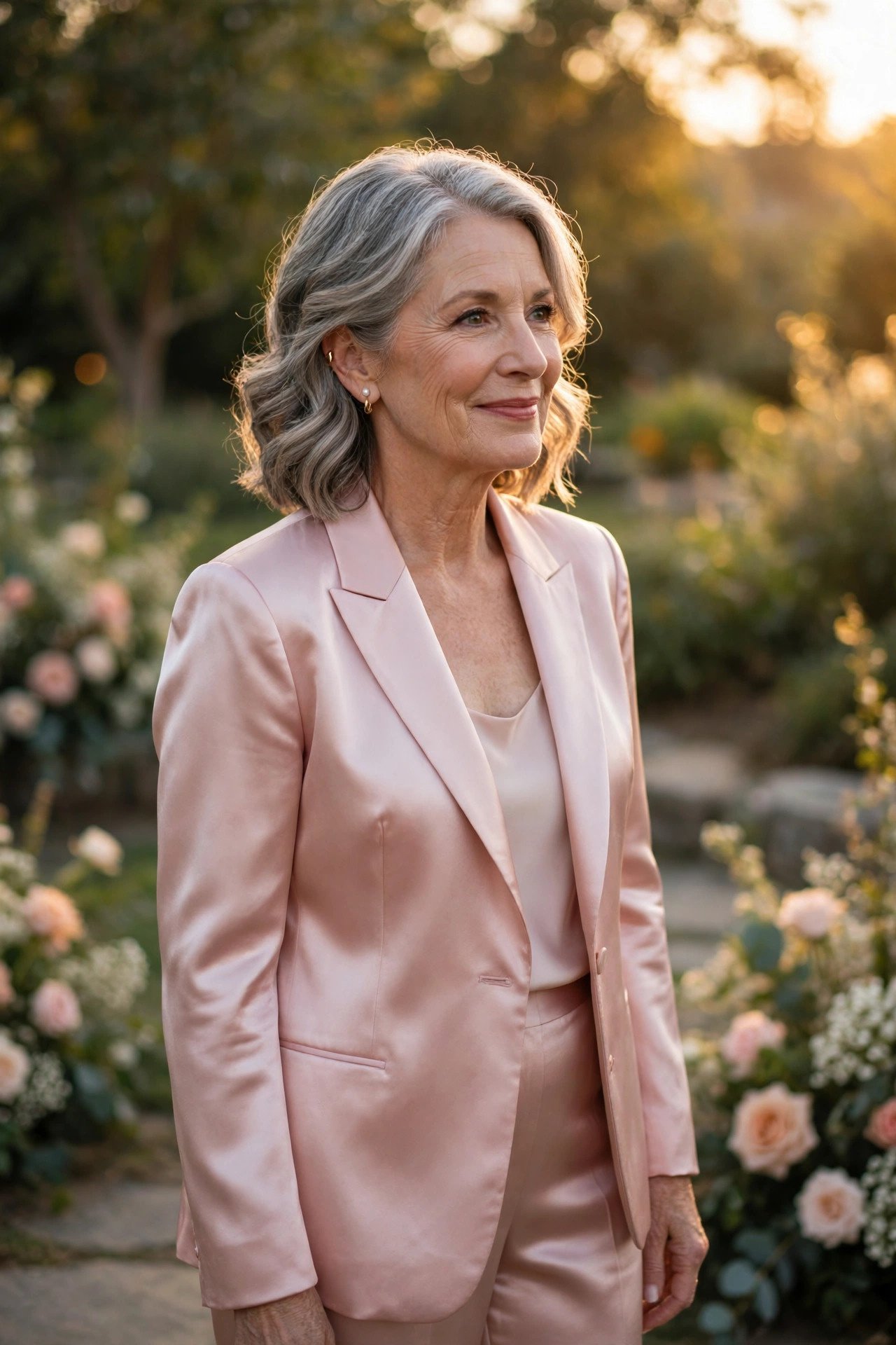 Mother of the groom in a rose quartz satin pantsuit at golden hour