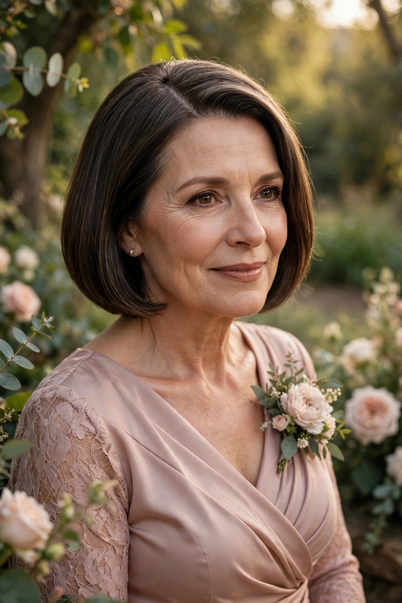 Mother of the bride with a polished bob and deep side part