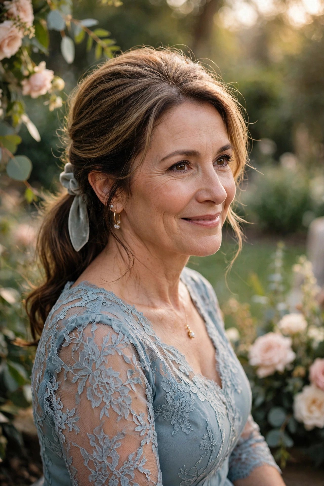 Mother of the bride with a low ponytail and volume at the crown