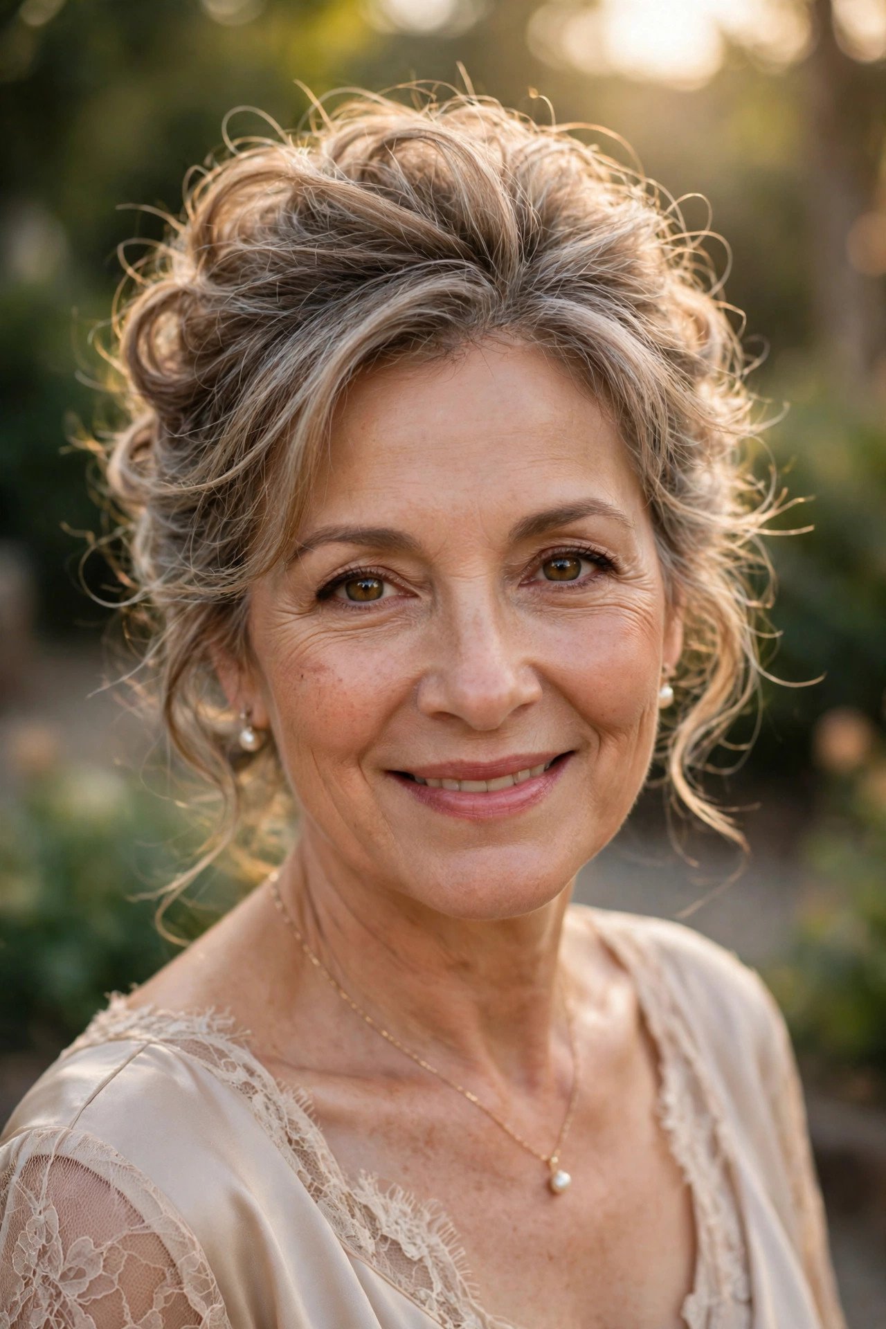 Mother of the bride with a soft voluminous updo for fine hair