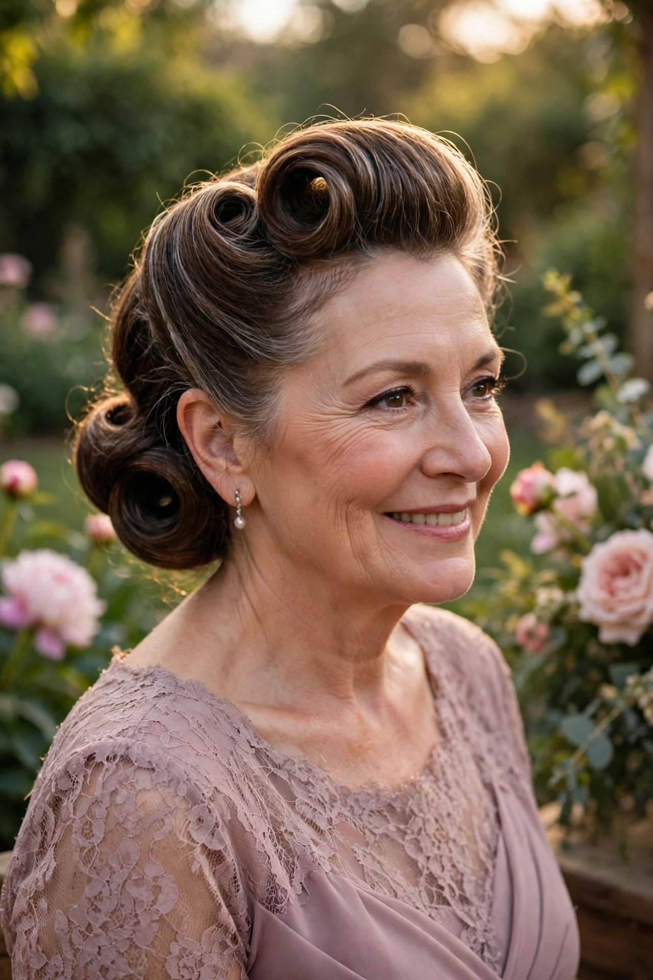 Mother of the bride with a Gibson roll vintage updo