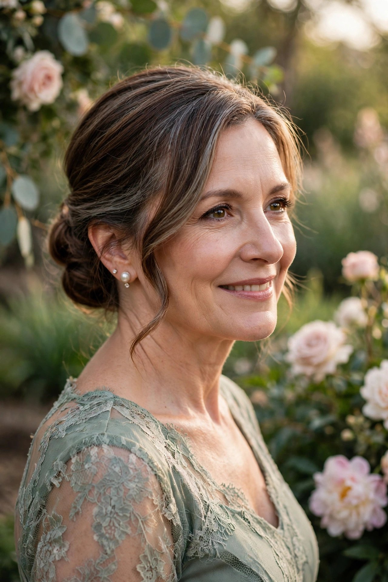 Mother of the groom with a low bun and side sweep