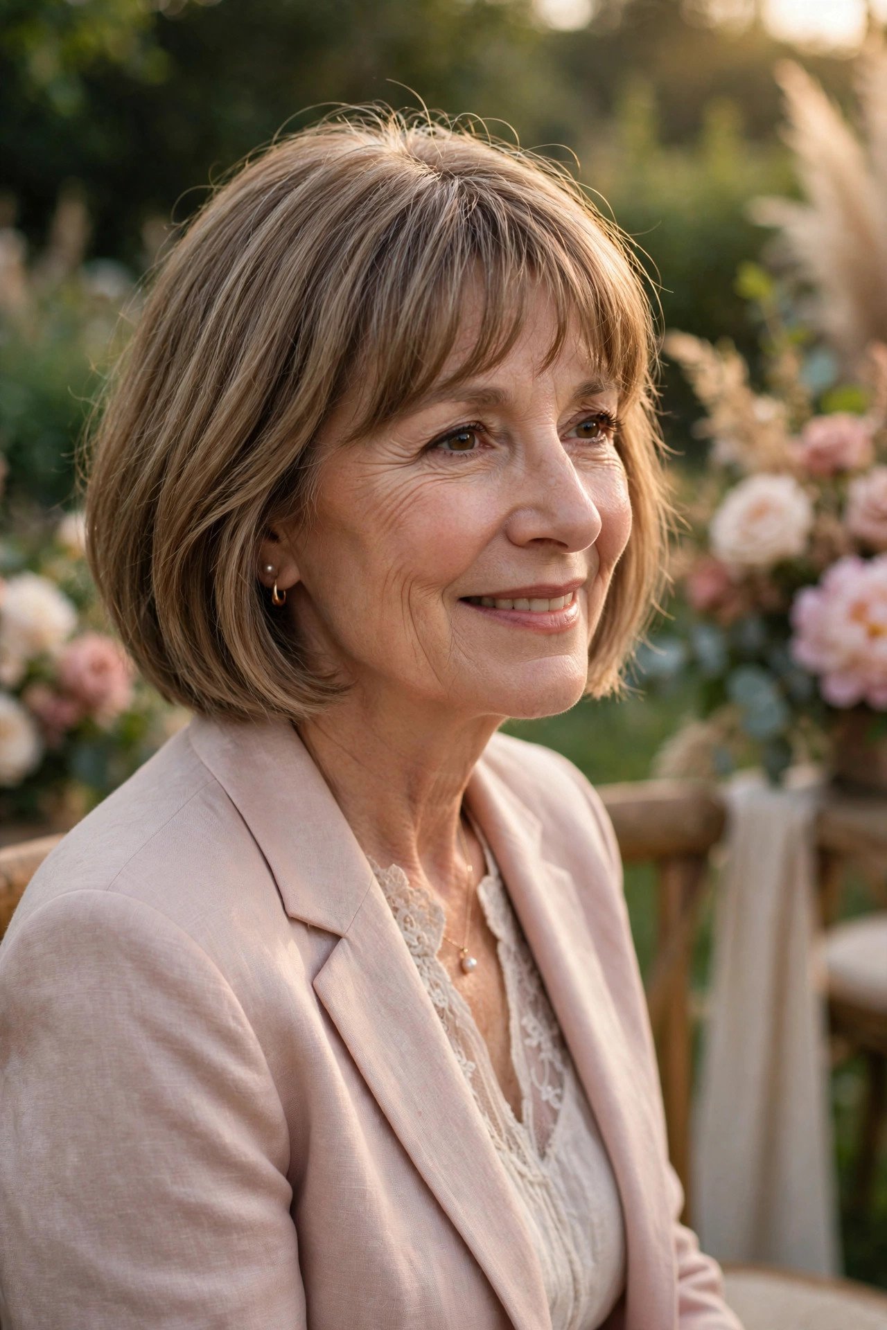 Mother of the groom with a chin-length bob and soft bangs
