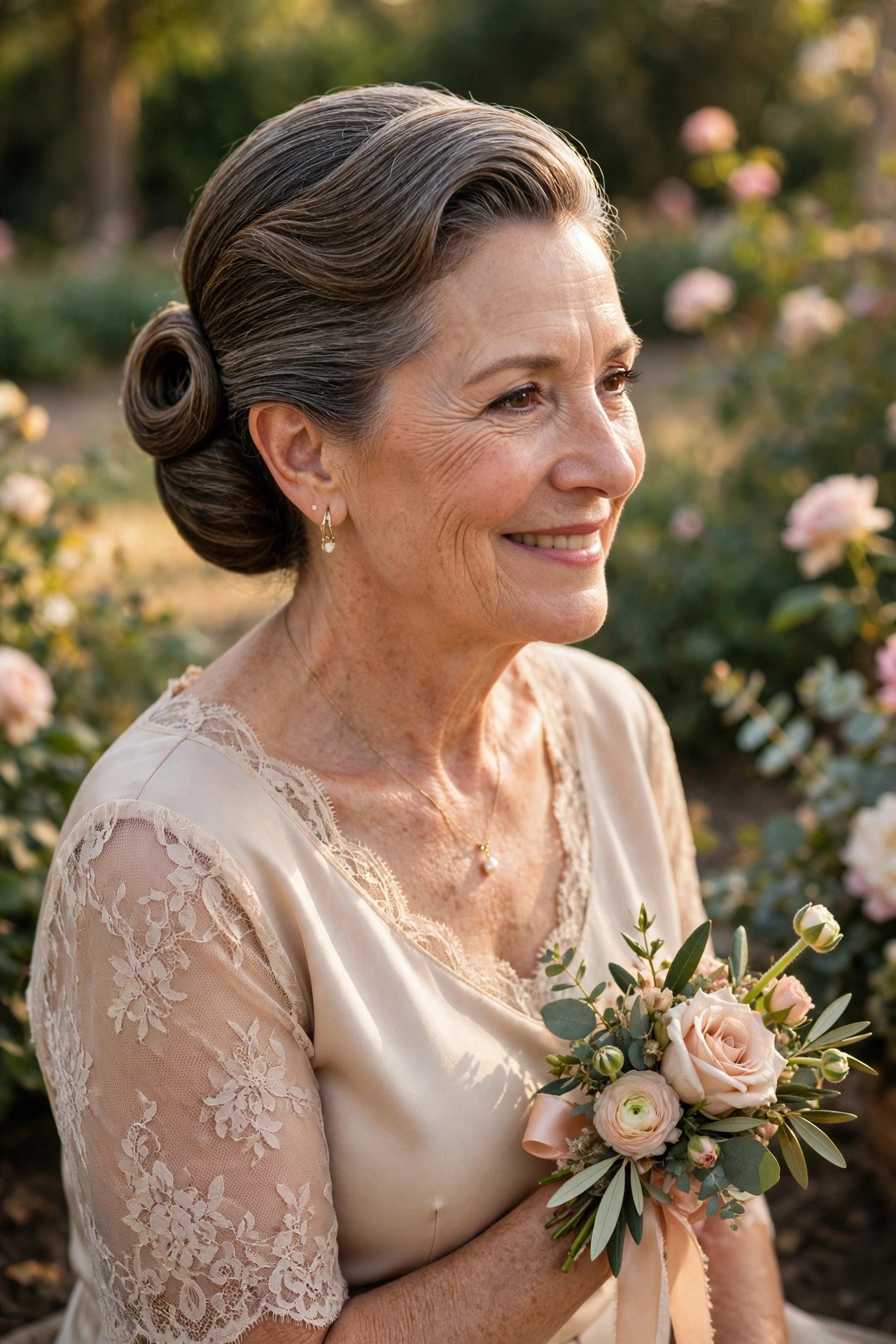 Mother of the groom with a sleek French roll hairstyle