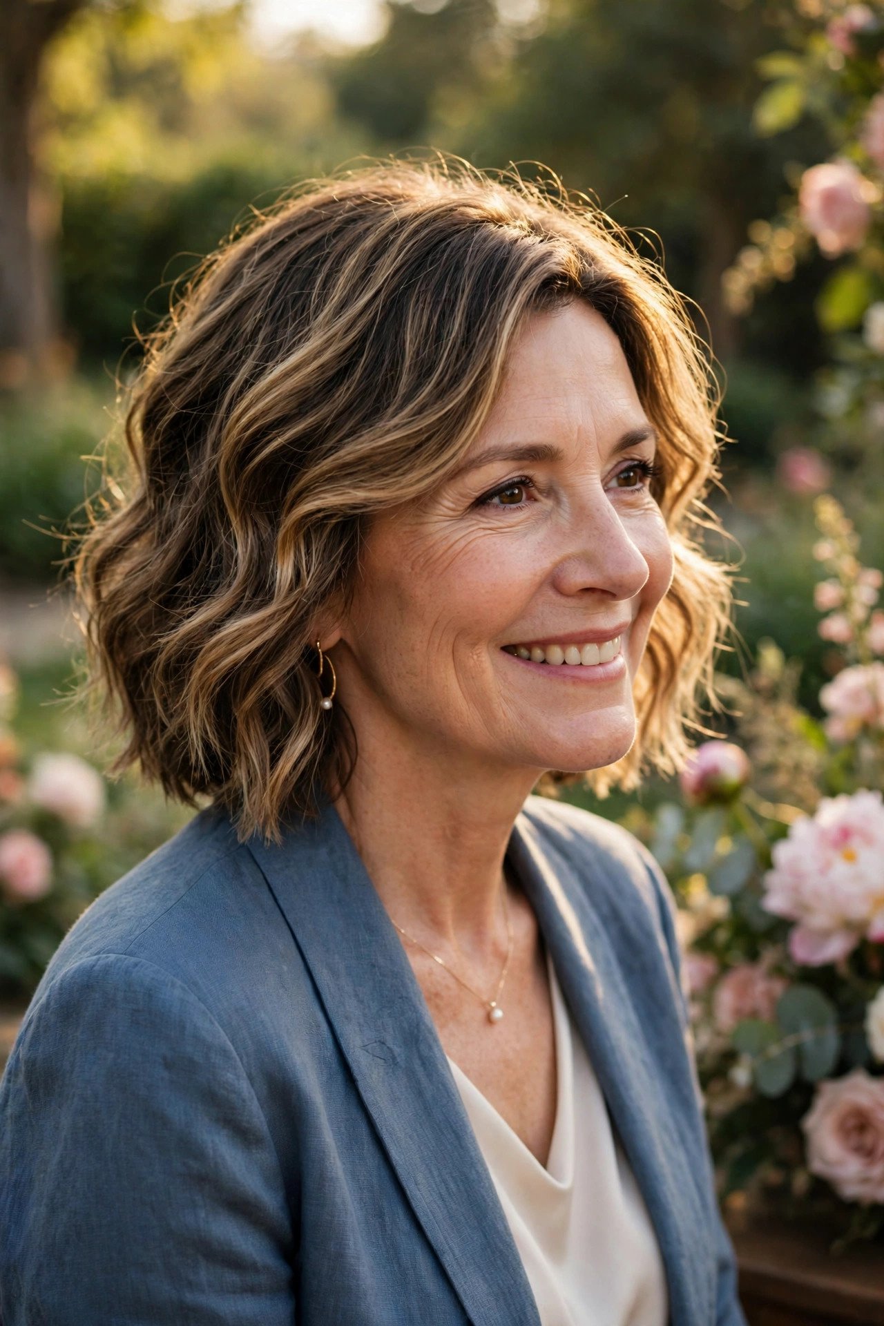 Mother of the groom with a wavy lob and highlights