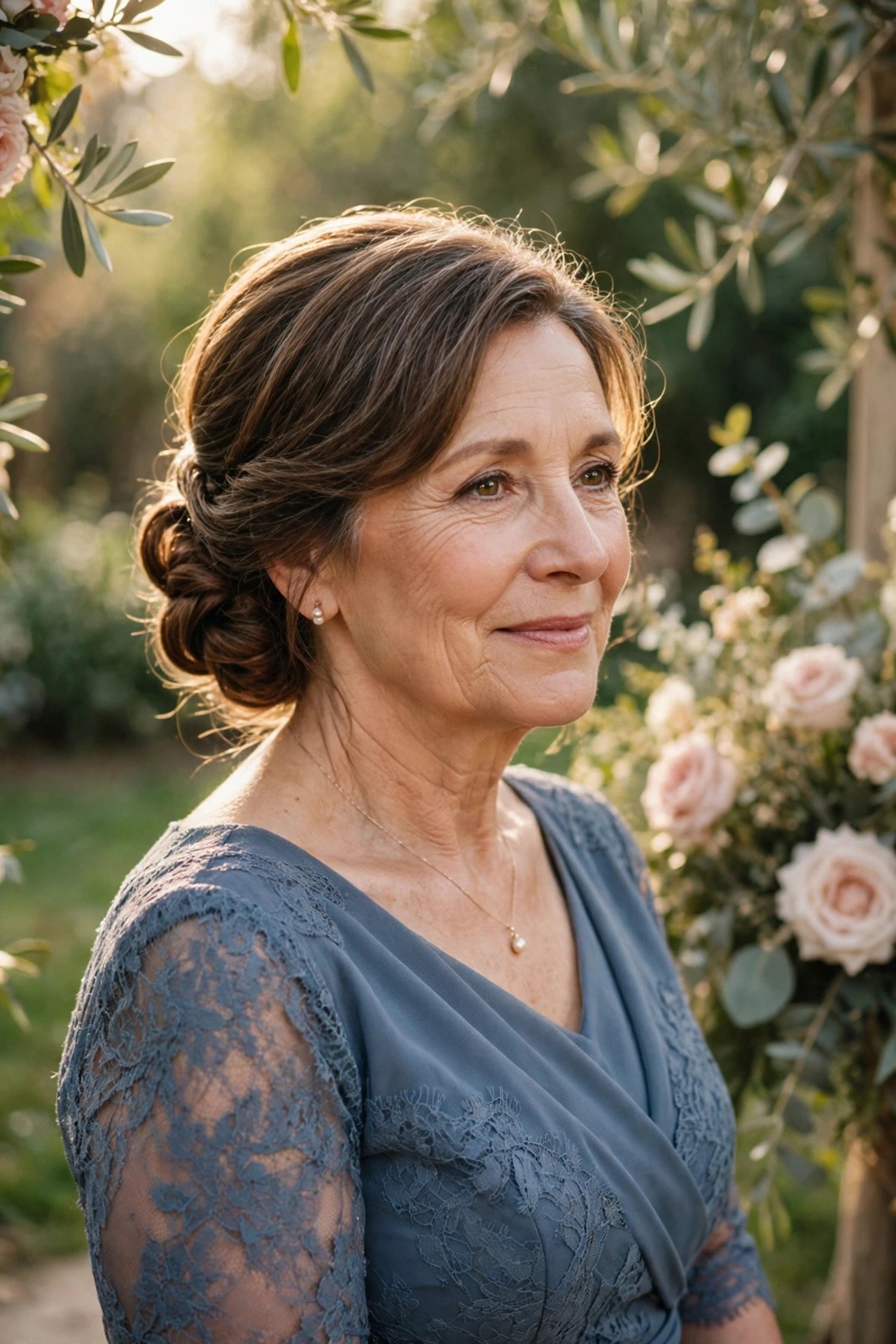 Mother of the groom with a twisted chignon hairstyle