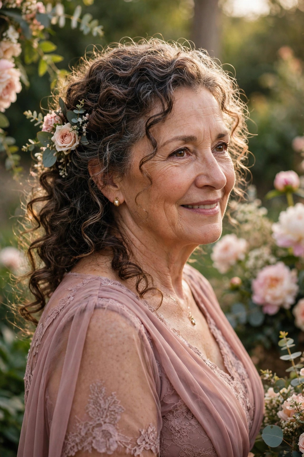 Mother of the groom with loose curls pinned to one side