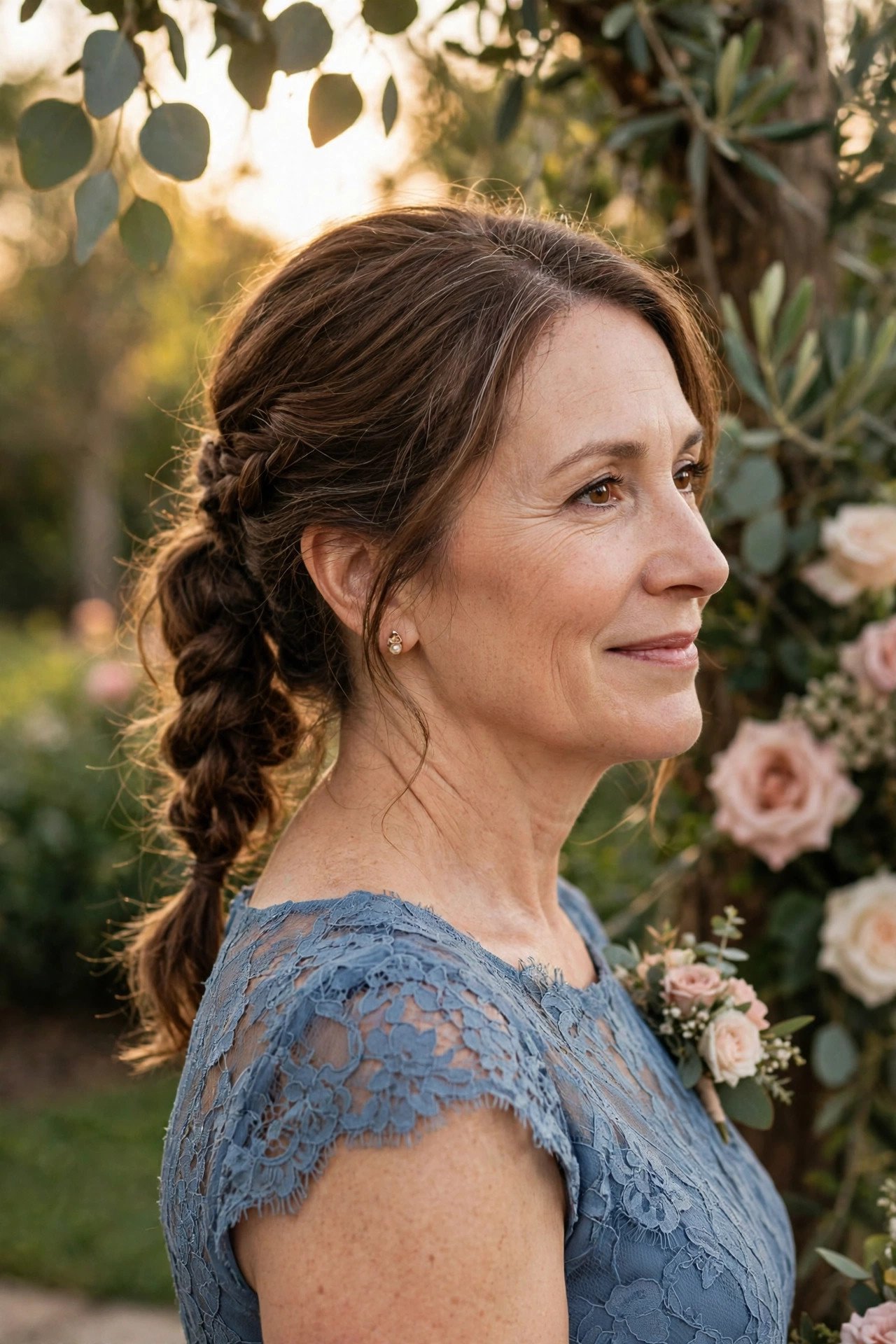 Mother of the groom with a braided low ponytail