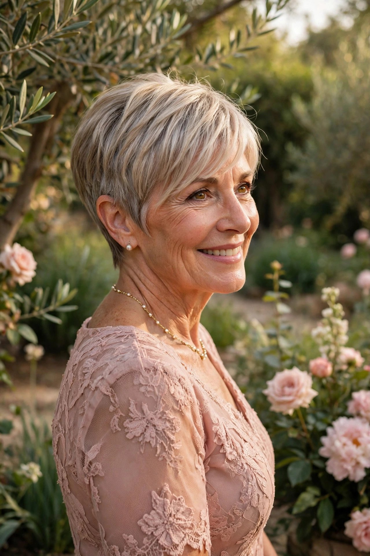 Mother of the groom with a polished pixie and side fringe