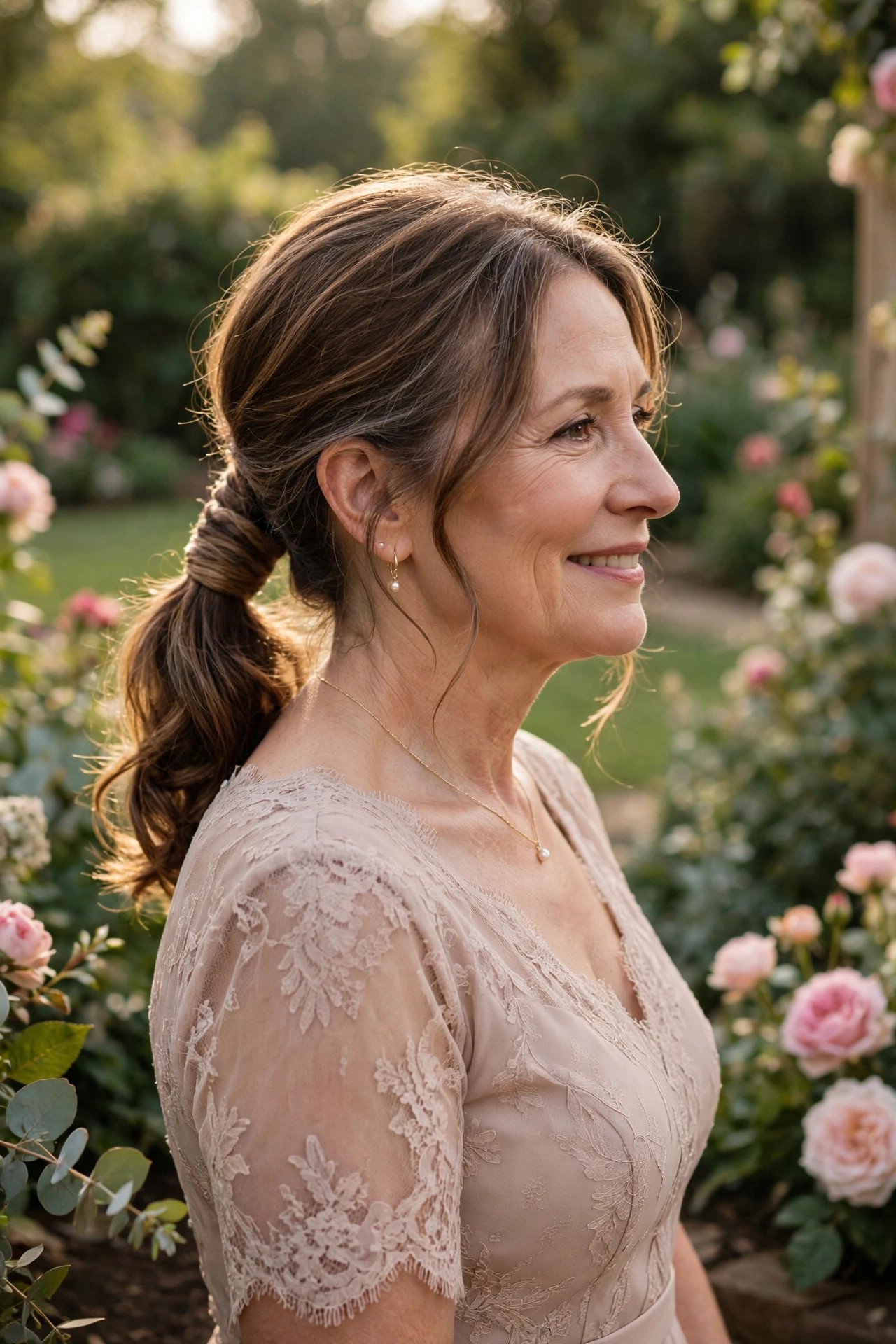 Mother of the groom with a low ponytail wrapped with a strand of hair