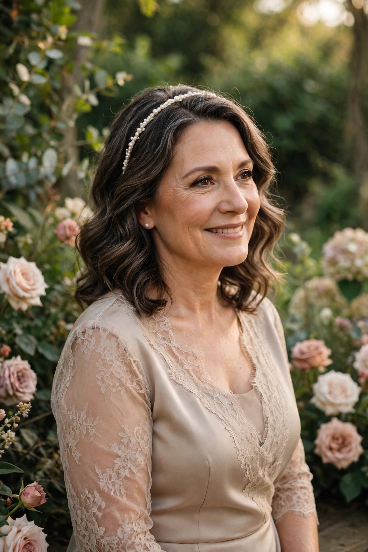 Mother of the groom with soft waves and a pearl headband