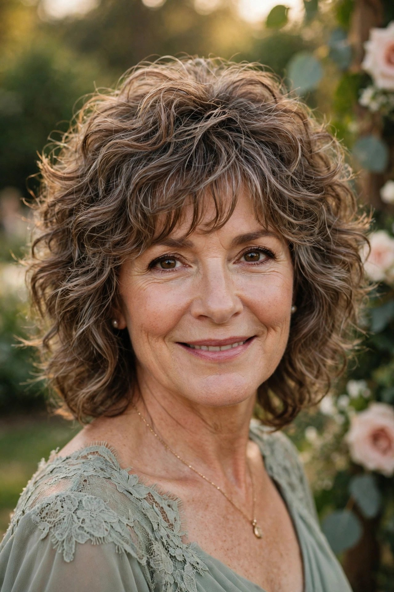 Mother of the groom with a layered curly shag hairstyle
