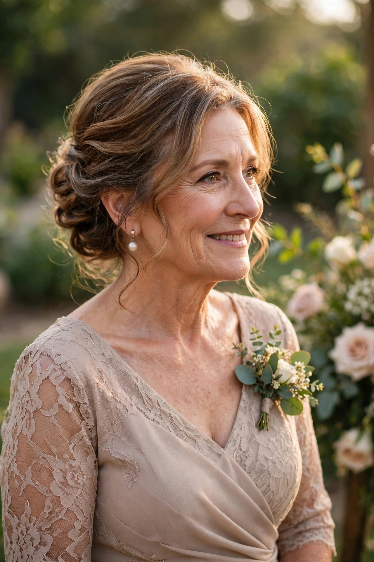 Mother of the groom with an elegant soft updo at her son's wedding