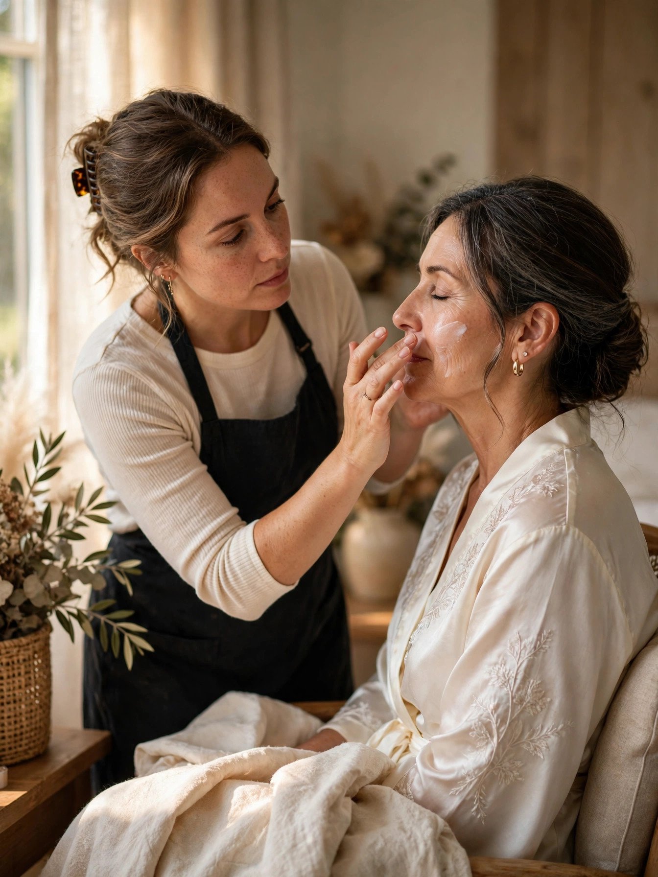 Makeup artist applying hydrating skincare to the mother of the bride