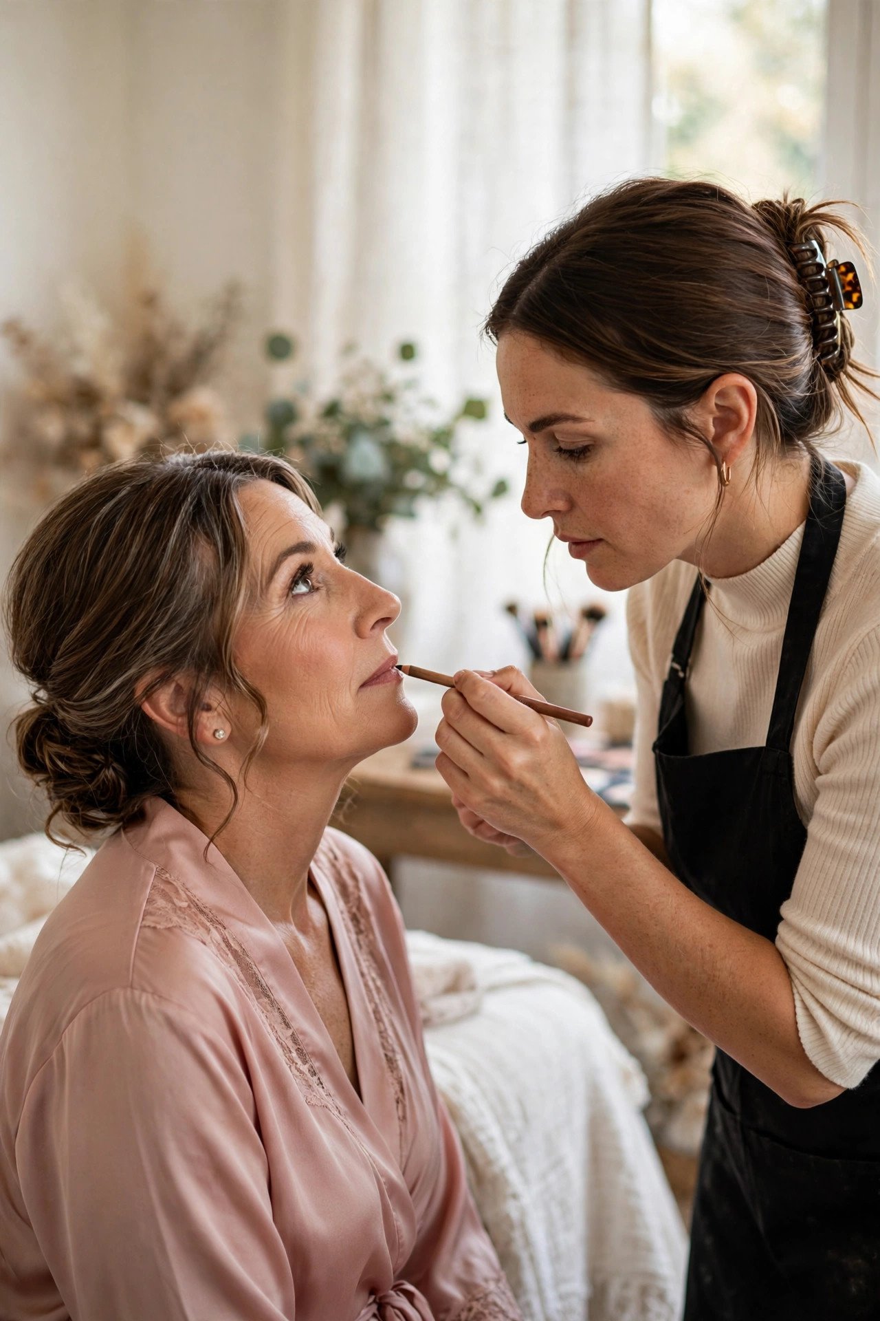 Makeup artist lining the lips of the mother of the bride