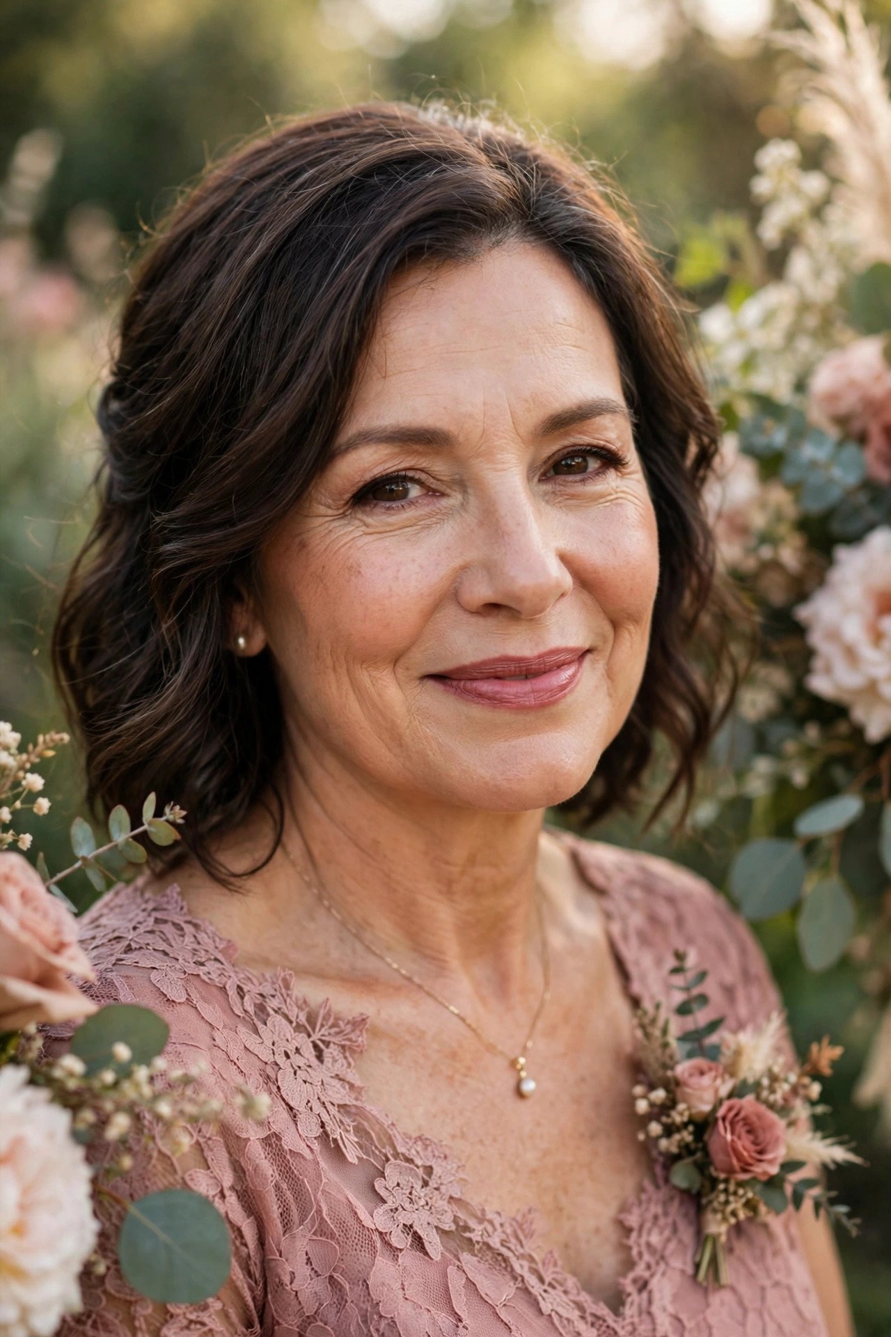 Mother of the bride wearing rose long-wear lipstick