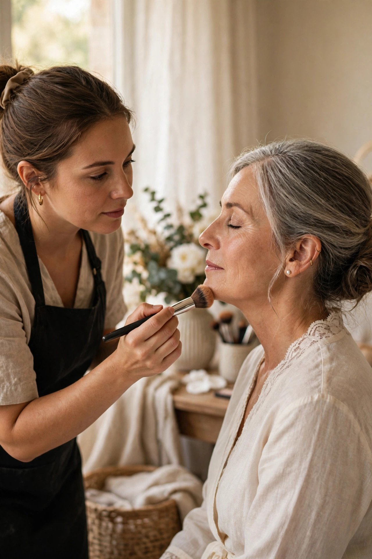 Makeup artist softly contouring the mother of the bride's jawline