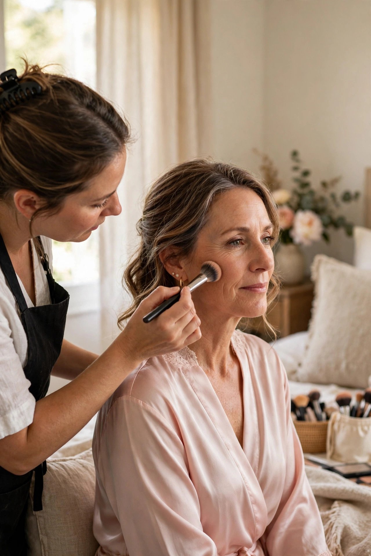 Mother of the bride having soft glam wedding makeup applied